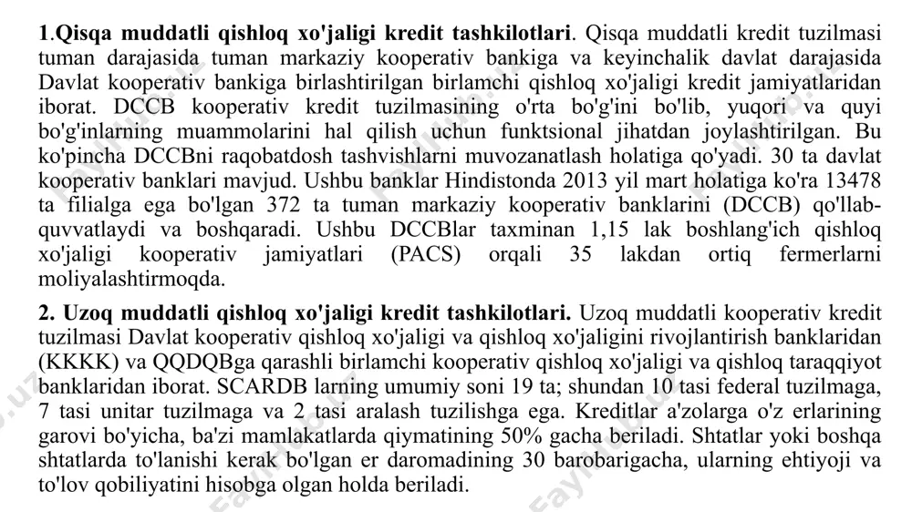 soni 2012-yil 31-mart holatiga koʻra 1618 tani tashkil etdi. rejalashtirilgan ucblar rbi qonunining ikkinchi ilovasiga kiritilgan banklar va 1934.5 lak dan kam bo'lmagan to'langan kapitali va zahiralariga ega bo'lgan va o'z faoliyatini omonatchilar manfaati uchun zaxira bankini qanoatlantirgan holda amalga oshiradigan banklar kiradi. qishloq xo'jaligi va qishloq taraqqiyoti milliy banki (nabard). qishloq xo'jaligi va qishloq taraqqiyoti milliy banki 1982 yil iyul oyida craficard tavsiyalari asosida parlament akti bilan tashkil etilgan. bu qishloq xo'jaligi va boshqa qishloq xo'jalik faoliyati sohasidagi siyosat, rejalashtirish va operatsiyalar bilan shug'ullanadigan eng yuqori muassasa. nabard yillar davomida bir nechta qayta moliyalash va reklama sxemalarini ishlab chiqdi va soha darajasidagi ehtiyojlarga javoban sxemalarni liberallashtirish, keng bazani yaratish va takomillashtirish uchun doimiy harakatlarni amalga oshirdi. nabard tomonidan taqdim etiladigan qayta moliyalash ikkita asosiy maqsadga ega. nabard o'zaro bog'liq bo'lgan bir qancha faoliyat/xizmatlarni amalga oshiradi, ular uchta keng toifaga kiradi kredit berish: nabard har bir tuman uchun har yili …