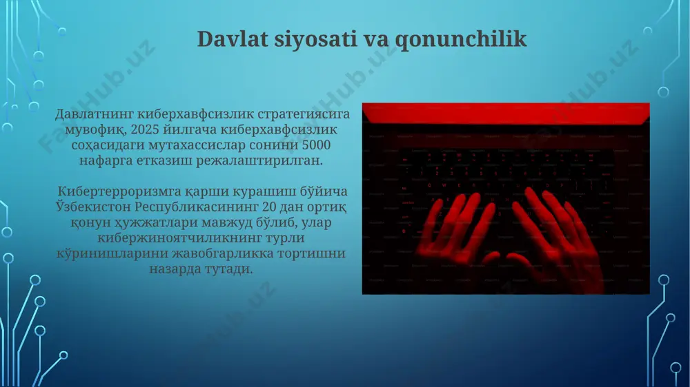 tahdid soladi. kiberterrorizmning iqtisodiy oqibatlari kiberhujumlar tufayli ma'lumotlarning yo'qolishi va biznes jarayonlarining uzilishi korxonalarning yillik daromadini 10-20% gacha kamaytirishi mumkin, bu esa ishsizlikka ham sabab bo'ladi. katta korxonalarning kiberhujumlar natijasida 100 million dollardan ortiq zarar ko'rishi, aksiya narxlarining keskin pasayishi va investorlarning ishonchining yo'qolishiga olib keladi. kiberxavfsizlik texnologiyalari bulutli texnologiyalar va sun'iy intellekt kiberxavfsizlikni yanada mustahkamlashda muhim rol o'ynaydi, tahlil va reaktsiya vaqtini 10 baravarga qisqartirishga imkon beradi. kiberxavfsizlik texnologiyalari, masalan, intruzion deteksiya tizimlari (ids) va xavfsizlik devorlari (firewall) kabi vositalar yordamida 24/7 tarmoqdagi tahdidlarni aniqlash va oldini olishga yordam beradi. kiberterrorizmga qarshi kurash usullari axborot xavfsizligini ta'minlash uchun xodimlarni kiberxavfsizlik bo'yicha o'qitish va treninglar o'tkazish, hujumlar sonini 50% gacha kamaytirishga yordam beradi. kiberterrorizmga qarshi kurashda, 24/7 monitoring va tahlil qilish tizimlari orqali tahdidlarni erta aniqlash va javob berish tezligini 90% ga oshirish muhim ahamiyatga ega. ogohlantirish va profilaktika choralari кибертерроризмга қарши курашишда ҳукуматлар ва хусусий сектор ўртасидаги маълумот алмашинувининг …