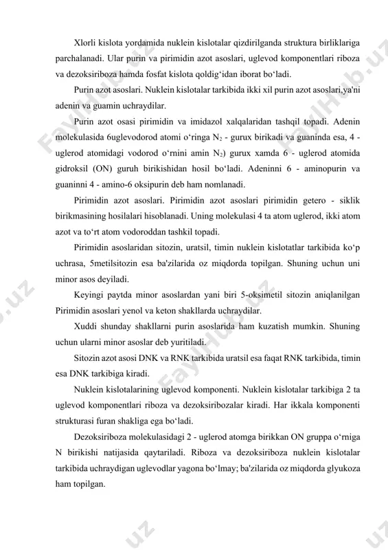 nuklein kislotalar tarkibida uchraydigan uglevodlar yagona bo‘lmay; ba'zilarida oz miqdorda glyukoza ham topilgan. nuklein kislotalarining gidroliz mahsuloti tarkibi bilan olingan manba'ga qarab xar xil bog‘lar ekan. masalan buzoqdagi qalqonsimon bezidan (timusdan) ajratilgan nuklein kislotani (timonuklein kislota), xamirturushdan ajratilgan nuklein kislotani (xamirturush nuklein kislota) farqi borligi aniqlanilgan, ular tarkibi, funksiyalari va tuzilishi bilan farqlangan. birini dezoksiribonuklein kislota (dnk) va ikkinchisini ribonuklein kislota (rnk) deb nomlangan. nuklein kislotalar tarkibi kimyoviy birikmalar nuklein kislota turi dnk rnk purin asoslar adenin g uanin adenin g uanin pirimidin asoslari sitozin timin sitozin uratsil uglevod komponenti dezoksiriboza ba'zida glyukoza riboza anorganik modda fosfat kislota fosfat kislota minor asosli purin n6 - metiladenin n6 - metiladenin 1 - metiladenin 2 - metiladenin n6 - dimetiladenin 2 - dimetiladenin pirimidin 5-metilsitozin 5-oksimetilsitozin oksimetiluratsil 5 -oksimetilsitozin n6 - metilsitozin 1 - metilsitozin z.nuklein kislotalarning molekulyar og‘irligi va xossalari nuklein kislotalarning molekulyar og‘irligi. nuklein kislotalar yuqori molekulali birikmalar bo‘lib, turiga …