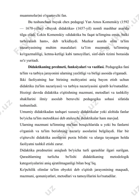 lim va tarbiya jarayonini ularning yaxlitligi va birligi asosida o'rganadi. ikki faoliyatning har birining mohiyatini aniq bayon etish uchun didaktika (ta'lim nazariyasi) va tarbiya nazariyasini ajratib ko'rsatadilar. hozirgi davrda didaktika o'qitishning mazmuni, metodlari va tashkiliy shakllarini ilmiy asoslab beruvchi pedagogika sohasi sifatida tushuniladi. umumiy didaktikadan tashqari xususiy didaktikalar yoki alohida fanlar bo'yicha ta'lim metodikasi deb ataluvchi didaktikalar ham mavjud. ularning mazmuni ta'limning ma'lum bosqichlarida u yoki bu fanlarni o'rganish va ta'lim berishning nazariy asoslarini belgilaydi. har bir o'qituvchi didaktika asoslarini puxta bilishi va ularga tayangan holda faoliyatni tashkil etishi zarur. didaktika predmetini aniqlash bo'yicha turli qarashlar ilgari surilgan. qarashlarning turlicha bo'lishi didaktikaning metodologik kategoriyalarini aniq ajratilmaganligi bilan bog’liq. ko'pchilik olimlar ta'lim obyekti deb o'qitish jarayonining maqsadi, mazmuni, qonuniyatlari, metodlari va tamoyillarini ko'rsatadilar. didaktika ta'limni ijtimoiy tajriba berish vositasi sifatida e'tirof etadi. ta'lim yordamida yoshlarni hayotga tayyorlash amalga oshiriladi. ta'limiy faoliyatni tashkil etishda o'qituvchi - o'quvchi, o'quvchi -o'quv materiali, o'quvchi — …