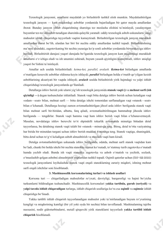 birlik texnologik amalning ma’lum qismini bajarishda moslama bilan birga asbob yoki jihozning qo‘zg‘almas qismiga nisbatan bir qancha qat’iy va ketma-ket holat (vaziyat)da bo‘lishi mumkin. muqim qilingan bunday holat vaziyat (ïîçèöèÿ) deyiladi. bu tushuncha alohida ishlatiladigan o‘rinlar ham bor. masalan, ko‘ps hpindelli tokarlik avtomatda ishlanayotgan novdasimon materialdan tayyorlangan zagotovka stanokning barabani ma’lum burchakka burilganda yangi holat (vazi yat)ga o‘tadi. agar texnologik jarayonda o‘rnatish kam-u, vaziyat ko‘p bo‘lsa, ishlov aniqligi va unumdorligi yuqori bo‘ladi. amalning tarkibiy qismlaridan biri — texnologik o‘tishdir. u texnologik amalning tugallanish qismi bo‘lib, qo‘llaniladigan asbob va ishlov yoki yig‘uv natijasida hosil bo‘ladigan yuzaning doimiyligi bilan tavsiflanadi. bulardan birontasi o‘zgarsa, texnologik o‘tish ro‘y beradi. masalan, zagotovkada katta aniqlik bilan teshik ochish uchun parma, zenker va razvyortka ishlatiladi. demak, uch marta o‘tish bo‘ladi. har bir asbobda ishlov berilgandan so‘ng turli darajadagi g‘adir-budur yuza hosil bo‘ladi. har bir texnologik o‘tishning ishchi yurishi bo‘ladi. ishchi yurishda ishlov beruvchi asbob zagotovkaga nisbatan bir …