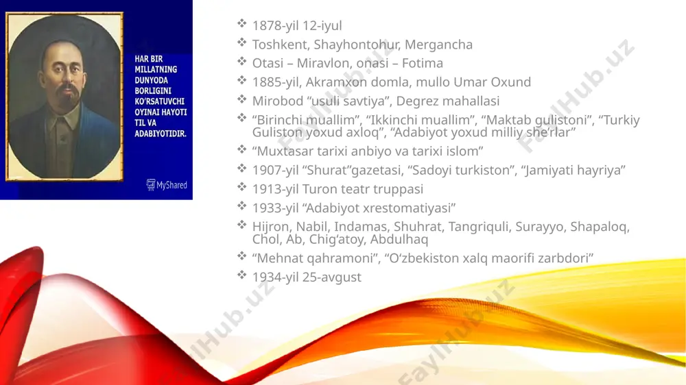 oyalar berilgan. keltirilgan har bir ta’limiy hikoyalar hajman kichik, ammo undan chiqariladigan xulosa ahamiyatli bo‘lib, bular bolalar axloqini shakllantirishdagi ahamiyati masalasiga alohida e’tibor qaratildi. “ikkinchi muallim” darslik 1912-yilda yaratilgan bo‘lib, ikkinchi sinf o‘quvchilariga alifbodan keyin o‘qitilgan.”birinchi muallim”ning mantiqiy davomi bo‘lib, undagi matnlar o‘zining badiiyligi, hayotiyligi, tilining puxta, ravonligi, sodda va samaradorligi bilan ajralib turadi. unda ham ta’lim va tarbiya masalalari yetakchilik qiladi. didaktik xarakterdagiadabiy matnlar berilgan. yana bir tomoni matnlarning oxirida qissadan hissa chiqariladi. muallif darslikka quyidagi misralarni epigraf qilib oladi: shavkati inson erur ilmu adab, e’tibor etmas anga molu nasab. “maktab gulistoni”, “turkiy guliston yoxud axloq”, “adabiyot yoxud milliy she’rlar to‘plami” avvalgi darsliklarning mantiqiy davomi bo‘lib, asosan, usuli jadida maktablarining yuqori sinf o‘quvchilariga mo‘ljallab yozilgan. ular ifodali o‘qishda o‘quvchilarga asosiy qo‘llanma bo‘lib xizmat qilgan. bulardan tashqari abdulla avloniy islom tarixiga oiddarslik-qo‘llanmalar yaratadi. “muxtasar tarixi anbiyo va tarixi islom” risolasi islom dini va payg‘ambarlar tarixi, xususan, muhammad mustafo(s.a.v.)ning siyratlari, yuksak …