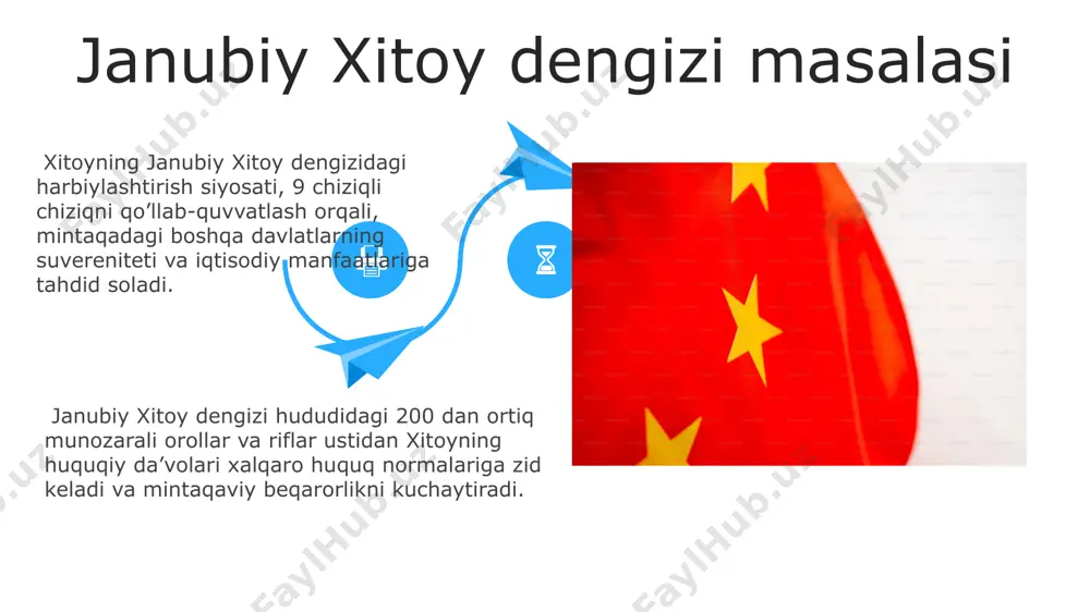 ng tarixiy istiqbollariga 20-asr boshlaridagi zaiflik va chet el ta'sirining kuchayishi, keyinchalik 1949 yildagi xxr tuzilishi orqali milliy birdamlikka erishish va global kuchga aylanish rejalari asos bo'lgan. xitoyning tarixiy agressiv siyosatdan voz kechish va hamkorlikka intilish gapiriladigan tashqi siyosati ortida, o'z manfaatlarini, xususan, tayvan masalasidagi qat'iylik bilan himoya qilish maqsadi yashiringan. xitoyning tarixiy agressiv siyosatdan voz kechish va hamkorlikka intilish gapiriladigan tashqi siyosati ortida, o'z manfaatlarini, xususan, tayvan masalasidagi qat'iylik bilan himoya qilish maqsadi yashiringan. zamonaviy xitoyning geosiyosiy maqsadlari “bir kamar, bir yo’l” tashabbusi orqali xitoy 60 dan ortiq davlat bilan savdo va infratuzilma loyihalarini rivojlantirish orqali mintaqaviy ta’sirini kengaytirishga intiladi. xitoy janubiy xitoy dengizidagi hududiy da’volari orqali strategik ahamiyatga ega suv yo’llariga va resurslarga nazoratni kuchaytirishni maqsad qilgan. e'tiboringiz uchun rahmat @taqdimot_robot image5.jpg image6.jpg image7.jpg image8.jpg image9.jpg image10.jpg image11.jpg image12.jpg image13.jpg image14.jpg image15.jpg image16.jpg image17.jpg image18.jpg image19.jpg image20.jpg image1.jpeg image2.jpeg image3.jpeg image4.jpeg