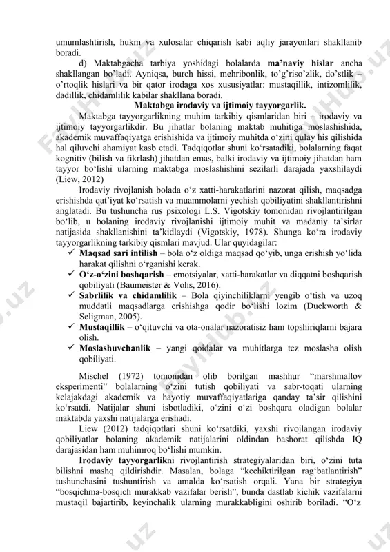 i shakllantirish kerak. ba’zan ota-onalar va tarbiyachilar bolalarining maktabga intellektual jihatdan tayyor yoki tayyor emasligini bilmay, ikkilanishadi. buning uchun oddiy baholash usullarini qo‘llash mumkin: · savol-javob o‘yinlari – boladan atrof-muhit, sanash, ranglar va shakllar haqidagi oddiy savollar so‘rab ko‘rish mumkin. · hikoya tuzdirish – bola oddiy bir rasmga qarab, u haqida hikoya tuza oladimi? bu uning nutqiy va fikrlash qobiliyatini sinashga yordam beradi. · diqqat va xotirani tekshirish – bolaga bir nechta buyum ko‘rsatib, ularni yodlashni so‘rash va keyin qayta so‘rash. · mustaqil topshiriqlar – bolaga qaysidir mashg‘ulotni (masalan, oddiy rasm chizish yoki muammo yechish) mustaqil bajarishga topshirish. agar bola bu vazifalarni qiyinchiliksiz bajara olsa, u maktabga tayyor bo‘lishi ehtimoli yuqori. xulosa shuki, maktabga intellektual tayyorgarlik faqatgina bilim olishga qaratilgan emas, balki bolaning umumiy rivojlanishini o‘z ichiga oladi. shuning uchun maktabga tayyorlash jarayoni faqatgina harflarni o‘rganish yoki sanash bilan cheklanmasligi, balki mantiqiy fikrlash, mustaqillik, diqqat va ijtimoiy moslashuv ko‘nikmalarini ham …