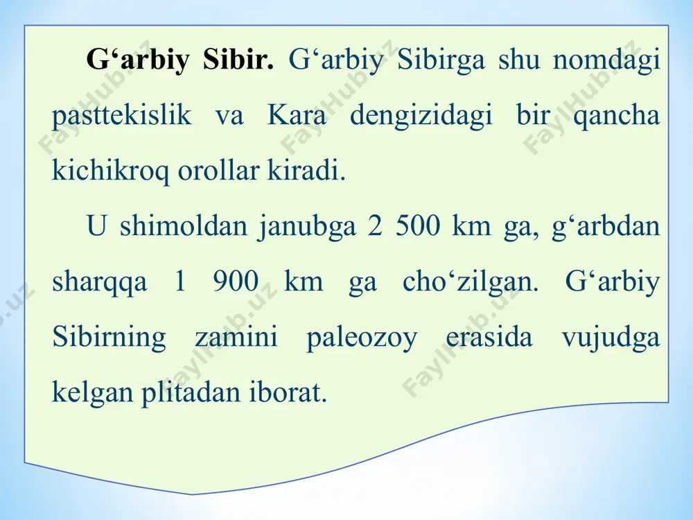 rta sibir yassi tog‘ligi joylashgan uning yuzasi dengiz sathidan o‘rtacha 400 — 600 m baland. putorana tog‘larida balandlik 1 701 m ga yetadi. sharqiy sibir uchta — arktika, subarktika va mo‘tadil iqlim mintaqalarida joylashgan. o‘lka iqlimining g‘arbiy sibir iqlimidan farqli jihati uning keskin kontinentalligidir. bu yerda yillik havo harorati tafovuti juda katta (qishda –20 –40 °c, yozda +16 +18 °c). oymyakonda qishda harorat –71 °c ga, yozda esa +36 °c ga yetganligi qayd etilgan. sharqiy sibir daryolarga boy. yevrosiyoning yirik daryolaridan yenisey, lena, aldan, kolima, taymir, xatanga, vilyuy, anabar shular jumlasidandir. o‘lka hududida arktika sahrolari, tundra va o‘rmon-tundra zonalarining landshaftlari tarkib topgan. asosiy tuproqlari tundra-gleyli va torfli gleyli, botqoq va podzol tuproqlardir. o‘lkaning shimoliy qismida ko‘p yillik muzloq yerlar katta maydonni egallaydi. sharqiy sibirda o‘simliklardan mox va lishayniklar, oq va qora qarag‘ay, tilog‘och, sibir yeli, kedr, zirk kabilar o‘sadi. hayvonlardan oq ayiq, qutb tulkisi, bo‘ri, o‘rmon suvsari, oq kaklik, shimol …