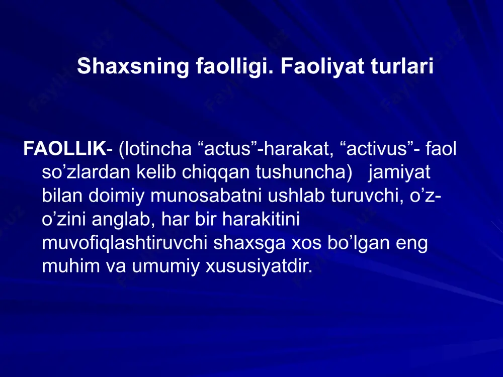 ir bevosita ongda berilmagan narsalarning xususiyatlarini anglash va hayolda tiklashni taqozo etadi. barcha insonlarga xos bo’lgan asosiy faollik turlari: o’yin muloqot o’qish mehnat 11 o’yin muloqot o’qish mehnat barcha insonlarga xos bo’lgan asosiy faollik turlari: image1.png image2.png image3.png image4.png
