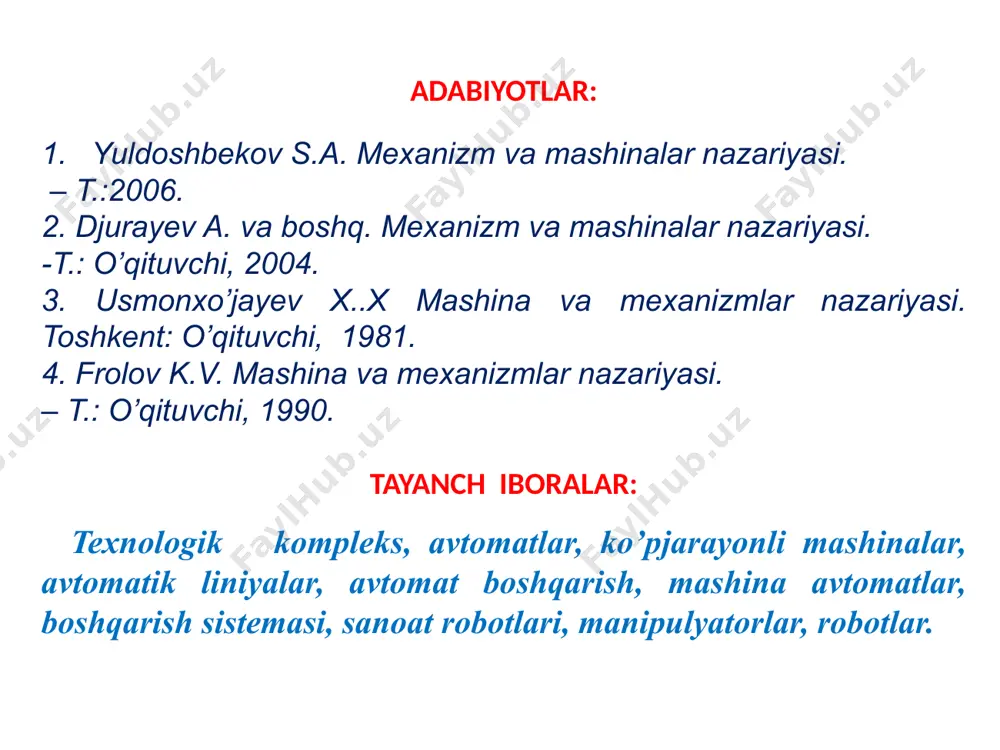 orlaydi (taqlid qiluvchi manipulyatorlar), bunda ba’zi hollarda mexanizm beriladigan harakat va kuchni oshirilgan holda amalga oshiradi. taqlid qiluvchi mexanik manipulyatorlar simmetrik joylangan ikkita mexanizm - boshqaruvchi hamda ijrochi mexanizmlardan (boshqacha aytganda, topshiriq beruvchi va uni bajaruvchi qo’llardan) tashkil topgan bo’lib, ular orasidagi bog’lanish turli mexanik uzatmalar orqali amalga oshadi. manipulyatorning xizmat ko’lamini - operator qo’lining ish ko’lamiga nisbatan kattalashtirish mumkin. buning uchun ichida kuch uzatuvchi aloqa vositalari bo’lgan truba joylashgan sferik sharnir qo’llaniladi. ushbu truba boshqarish dastasining harakatlarini aynan, ammo kattalashtirilgan o’lchamda takrorlovchi, yelkalari barobar bo’lmagan pishang vazifasini bajaradi. agar operator harakati va kuchini germetik (teshiksiz va zichlamalarsiz) devor orqali uzatish lozim bo’lsa, toresli va silindrsimon magnitli muftalardan foydalaniladi. ko’p hollarda operatordan ancha uzoqda joylashgan taqlid qiluvchi manipulyatorlar ishini boshqarish lozim bo’ladi: bunday masofadan boshqariluvchi manipulyatorlarda harakat va kuchning uzatilishini ta’minlovchi taqlidiy tizimlar qo’llaniladi. avtomatik boshqariluvchi manipulyatorlarda ijrochi mexanizm bo’g’inlari aniq programma bo’yicha yuritmalardan harakat oladi. manipulyatordagi yuritmalar mexanik, elektr, …