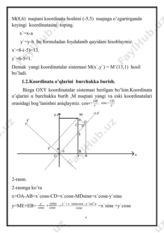 o’yib, so’ngra (8) ga qo’ysak (8) tenglama quyidagi kanonik ko’rinishga o’tadi. a (9) xulosa. ikkinchi tartibli chiziq tenglamalarini mukammalroq tushunishimiz uchun quyidagi misolni ko’raylik. 1-misol.quyidagi ikkinchi tartibli chiziqning markazlari topilsin. 5 avvalo ikkinchi tartibli chiziqni markazga ega yoki ega emasligini tekshirib olamiz. demak 5*5-64 sistema yagona markazga ega .shuning uchun sistemani birinchi parallel ko’chiramiz. x=x`+a y=y`+b 5 5 5 endi a va b larni topishimiz uchun x` va y` ning oldidagi koeffitsientlarini nolga tenglaymiz. va a va b lar quyidagi yechimga ega bo’ladi.a=1, b=1. demak ikkinchi tartibli chiziqning markazi (1,1) nuqtada ekan foydalanilgan adabiyotlar. 1. baxvalov . s. v., modenov p. s., parxomenko a. s. analitik geometriyadan masalalar to‘plami. toshkent, 2006, 546 bet. 2. pogorelov а. v. analitik geometriya. toshkent, 0 ‘qituvchi, 1983 3. a.ya. narmanov analitik geometriya. toshkent, 0 ‘qituvchi, 1983. 4.yunesmetov.geometriya ma’ruza matni. 1-qism . 5.qori niyoziy .analitik geometriya.pdf. 9 image2.png image1.png