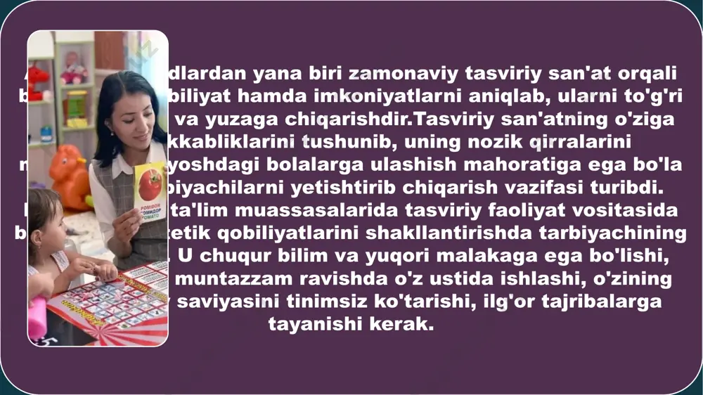 rish chora-tadbirlari to'g'risidagi pq-2707-sonli qarori ijrosini ta'minlashda bolalarni maktab ta'limiga tayyorlash darajasini tubdan yaxshilash , ta'lim-tarbiya jarayoniga zamonaviy ta'lim dasturlarini tatbiq etish , malakali pedagog kadrlar bilan ta'minlash , bolalarni har tomonlama intellektual , ahloqiy , estetik va jismoniy rivojlantirish uchun shart-sharoitlar yaratish , ta'lim muassasalarining moddiy texnika bazasini , maktabgacha ta'lim tizimini yanada takomillashtirish bo’yicha 2017-2021 yillarga mo'ljallangan dasturida belgilangan vazifalarni amalga oshirish chora-tadbirlari rejasi ishlab chiqildi . maktabgacha ta'limning vazifasi bolalarni xalqning boy milliy , madaniy-tarixiy merosi va ma'naviy axloqiy jihatdan tarbiyalash : bolalarda milliy vatanparvarlik hislarini shakllantirish , maktabgacha yoshdagi bolalarda bilim olish ehtiyojini , o'qishga intilish moyilliklarini shakllantirib , ularni muntazam ravishda ta'lim jarayoniga tayyorlash , bolalarning tafakkurini rivojlantirish , o'zining fikrini mustakil va erkin ifodalash malakalarini shakllantirish , bolalarning jismoniy va ruhiy sog'ligini ta'minlashdan iborat . maktabgacha ta'limning vazifasi bolalarni xalqning boy milliy , madaniy-tarixiy merosi va ma'naviy axloqiy jihatdan tarbiyalash : bolalarda milliy vatanparvarlik …
