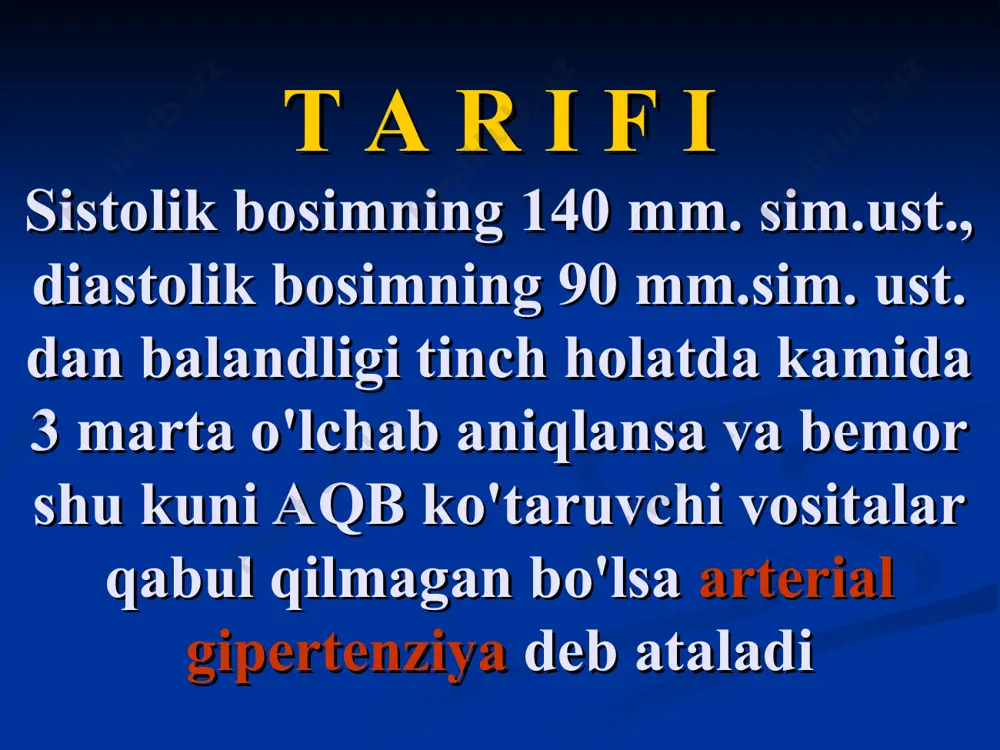 eхanizmlar, oq ko'rsatkichlar – noradrenalin ajralishini cheklovchi meхanizmlar. qon tomir diametri va devori qalinligi nisbati (kernogan indeksi) normada (a) va gkda (b). gkda yurak chap qorinchasi miokardining kontsentrik (a) va ekstsentrik (b) gipertrofiyasi. t a s n i f i bsst, 1996 bosqichi mezonlar aqb nishon-azolar shikastlanishi i aqb ≥ 140/90 yo'q ii aqb ≥ 140/90 bor, azolar funktsiyalari buzilmagan holda iii aqb ≥ 140/90 bor, azolar funktsiyalari buzilishi bilan arterial qon bosimi darajalari tasnifi 2002 y kategoriya sistolik diastolik optimal 180 >110 izolirlangan sistolik gipertenziya >140 30% klinikasi shikoyatlari bosh og'rig'i bosh aylanishi хotira susayishi boshda shovqin ko'zlar oldida «dog'lar» uchishi va ko'rishning boshqa turli buzilishi yurak sohasi og'rig'i hansirash tez charchash tushkun kayfiyat klinikasi anamnestik malumotlar oilaviy anamnez lipid almashinuvi buzilishi ag davomiyligi dori vositalarini qabul qilishi yondosh kasalliklarining mavjudligi ikkilamchi ag simptomlarini aniqlash hayot tarzini baholash klinikasi fizikal tekshiruv bemorning holati semizlik – ayniqsa abdominal semizlik oyoqlar …