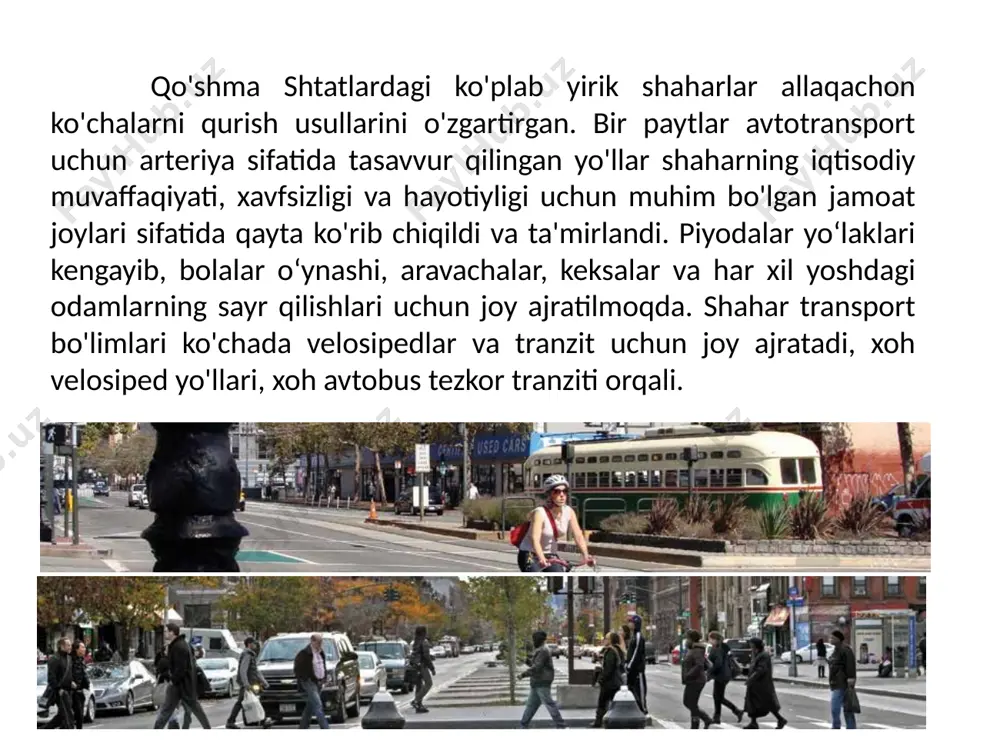 gartirish xisobiga o‘tkazuvchanlikni oshirish bo‘yicha ishlar . shahar trasport tizimi bo‘yicha pasportni ishlab chiqish. shahar jamoat transporti tizimini qayta o‘rganib chiqish bo‘yicha. hozirgi kunda samarqand shahrida 54 ta avtobus, 4 ta yo‘nalishli taksi yo‘nalishi yo‘lga qo‘yilgan. ularda 424 ta isuzu rusumidagi avtobus va 42 ta gazel rusumidagi mikroavtobuslar harakatlanadi. yana 1 ta yo‘nalishda 10 ta avtobus qatnovini yo‘lga qo‘yish choralari ko‘rilmoqda. samarqand shahrida bugungi kunda shahar transporti yo‘nalishlari qaytadan ko‘rib chiqilib, shahardagi ikkita yirik avtoboshbekatni bir biri bilan bog‘lovchi, boshqa transport vositalaridan ajratilgan alohida yo‘lakda qisqa intervalda harakatlanuvchi avtobus (brt) yo‘nalishi tanlab olindi. mazkur yo‘nalishning uzunligi o‘rtacha 11,5 kilometrni tashkil etib, spitamen, mirzo ulug‘bek, bo‘stonsaroy, universitet xiyoboni, registon, panjikent ko‘chalari orqali o‘tadi va viloyatning pastdarg‘om, kattaqo‘rg‘on, narpay tumanlaridan qatnovchi jamoat transportlarini qabul qiluvchi “xazora” abbni viloyating urgut, toyloq tumanlaridan qatnovchi jamoat transportlarini qabul qiluvchi “siyob” (kaptarxona) abb larini o‘zoro bog‘laydi. yo‘nalish shaharning markaziy qismi orqali o‘tishi uning jozibadorligini yanada oshirishi …
