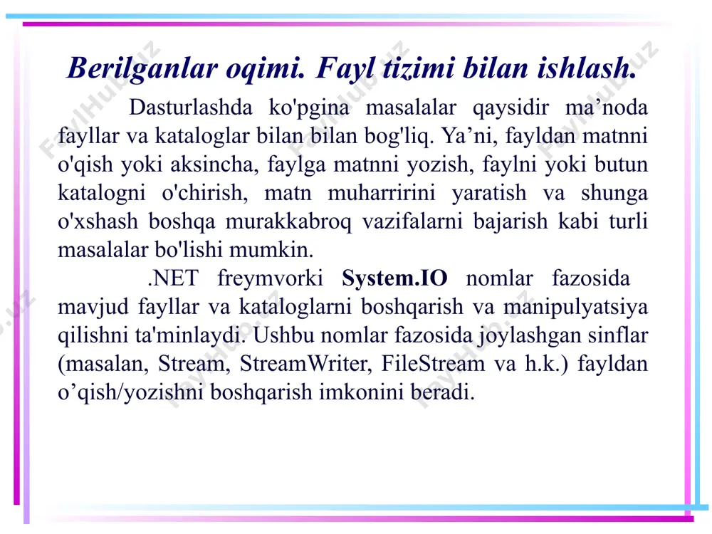 e.name); console.writeline("turi: "+drive.drivetype); if (drive.isready) { console.writeline("disk hajmi: "drive.totalsize); console.writeline("diskdagi bo’sh joy: "+drive.totalfreespace); console.writeline("metka: "+drive.volumelabel); } console.writeline(); } } } } 5 disklar bilan ishlash 6 kataloglar bilan ishlash system.io nomlar fazosida kataloglar bilan ishlash uchun ikkita sinf mavjud: directory va directoryinfo. directory sinfi directory sinfi kataloglarni boshqarish uchun bir qancha statik metodlarni taqdim etadi. ushbu metodlardan ba'zilari: createdirectory(path): path manzilida katalog yaratiladi; delete(path): path manzilidagi katalogni o’chiradi; exists(path): path manzilida katalog mavjud yoki yo’qligini tekshiradi. agar mavjud bo'lsa true, agar mavjud bo'lmasa false qimat qaytaradi. getdirectories(path): path katalogdagi kataloglar ro'yxatini qaytaradi; getfiles(path): path katalogdagi fayllar ro'yxatini qaytaradi; move(sourcedirname, destdirname): katalogni siljitadi getparent(path): bosh katalogni qaytaradi. 7 kataloglar bilan ishlash directoryinfo sinfi bu sinf kataloglar yaratish, o'chirish, ko'chirish va boshqa amallar uchun funksionallikni ta'minlaydi. ko'p jihatdan u directory sinfiga o'xshaydi. uning ba'zi xususiyatlari va metodlari: create(): katalog yaratadi; createsubdirectory(path): path manzilida katalog ostini yaratadi; delete(): katalogni o'chiradi; свойство exists: katalog …