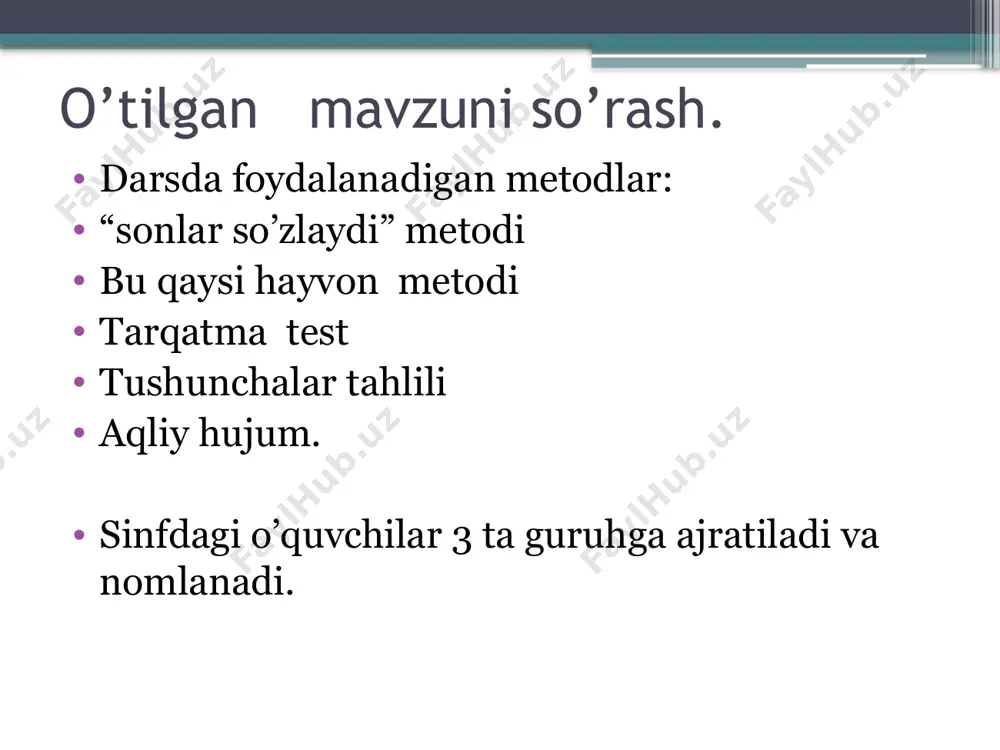di. butli o’rgimchakning urg’ochisi erkagiga nisbatan yirikroq bo’ladi. urg’ochsisi kuzda urug’langandan keyin biror pana joyga bekinib olib ipdan to’qilgan pillaga bir qancha tuxum qo’yadi. qishda o’rgimchaklar nobut bo’lib tuxumlari pilla ichida qishlab qoladi. bahorda tuxumlardan yosh o’rgimchaklar chiqadi. mustahkamlash. tushunchalar tahlili traxeya so’gallari signal ipi pilla zahar bezi uyga vazifa har bir guruhning to’plagan ballari hisobga olinib guruhlar o’rtasida lider guruh ajratiladi. darsga faol qatnashgan o’quvchilar yakka tartibda baholanadi va rag’batlantiriladi. uyga vazifa mavzuni o’qib, 39-40- rasmni chizib o’rganib kelish. image2.png image3.jpeg image4.jpeg image5.jpeg image6.jpeg image7.jpeg image8.jpeg image9.jpeg /docprops/thumbnail.jpeg