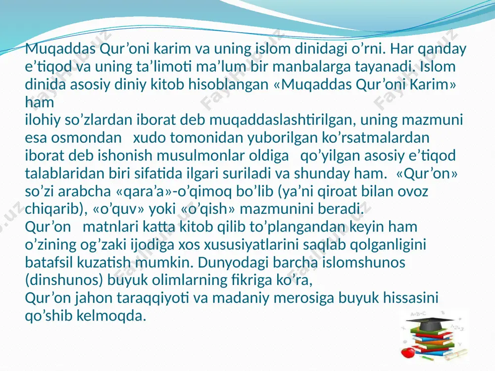 shoxlari bor deya iymonning belgilari sanab o’tiladi. sanab o’tilgan belgilarning har biri inson ma’naviy qiyofasini shakllantiruvchi va mukammallashtiruvchi xislatlardir. bular quyidagilardan iborat: “qo’li bilan va tili bilan o’zgalarga ozor bermagan kishi musulmondir”, “o’zingiz yaxshi ko’rgan narsani birodaringizga ravo ko’rmaguningizcha hech biringiz chinakam mo’min bo’la olmaysiz” (3-4-boblar); “uchta xislatni o’zida mujassam qilgan kishining iymoni mukammal bo’lgaydir: - insofli va adolatli bo’lmoq; - barchaga salom bermoq; - kambag’alligida ham sadaqa berib turmoq” imom al-buxoriy “al-jome as-sahih” imom buxoriyning hadislar toʻplash borasidagi qoʻygan shartlari boshqa muhaddislarning shartlaridan koʻra aniqroq boʻlgani sababli «al-jome’ as-sahih» asari «eng ishonchli hadislar toʻplagan» nomiga sazovor boʻlgan. muhaddislar hadislarning roviylarini oʻzaro uchrashganlari ehtimoli mavjud boʻlsa shunga kifoyalanishgan, ammo imom buxoriy eshitgan hadislarining roviylari oʻzaro uchrashganini alohida koʻrgan guvohning e’tirofini ham shart qilib qoʻygan. bunday shart boshqa muhaddislarda uchramaydi. islomning rivojlanishiga movarounnahrda yetishib chiqqan allomalar katta hissa qoʻshdi. imom buxoriy kitob holiga keltirgan hadislar toʻplami — „al-jomiʼ as-sahih“islom dinida qurʼoni …