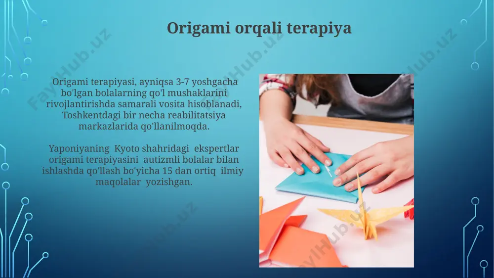 hayvonlar yoki qushlar, nozik motorika mahoratini yanada takomillashtirish uchun qo'shimcha burmalar va katlamalarni talab qiladi. masalan, yaponiyaning an'anaviy kranini yasash. fazoviy fikrlashning rivojlanishi origami, 3 o'lchovli shakllarni yaratish orqali, 6 yoshdan 10 yoshgacha bo'lgan bolalarda fazoviy fikrlashni rivojlantirishga yordam beradi, bu esa geometriya va dizayn kabi fanlarga bo'lgan qiziqishni oshiradi. tadqiqotlar shuni ko'rsatdiki, muntazam ravishda origami bilan shug'ullanuvchi 8-12 yoshli bolalar, fazoviy fikrlash testlarida o'rtacha 15% yuqori natijalarga erishdilar, bu esa ushbu usulning samaradorligini tasdiqlaydi. qo'l-ko'z koordinatsiyasi origami bilan shugʻullanish, 5-7 yoshli bolalarda qoʻl-koʻz koordinatsiyasini rivojlantirishda, murakkab geometrik shakllarni aniq bajarish orqali, mahoratni 20% ga oshirishga yordam beradi. qoʻl-koʻz koordinatsiyasi samarqanddagi bolalar bogʻchasida oʻtkazilgan tadqiqotda, origami darslaridan soʻng, 30 nafar bolaning 85% da sezilarli yaxshilanish kuzatildi. ijodiy fikrlash va tasavvur origami, 3 o'lchovli shakllarni yaratish orqali, 7 yoshdan 12 yoshgacha bo'lgan bolalarning fazoviy fikrlash qobiliyatini rivojlantirishga yordam beradi, bu esa samarqanddagi ta'lim muassasalarida o'tkazilgan tadqiqotlar bilan tasdiqlangan. origami, turli xil …