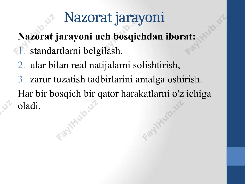 ar va anketalar kabi usullar qo'llaniladi. so'rov natijalari, qoida tariqasida, nazorat ob'ektining moliyaviy holatini, ishlab chiqarishni qayta tashkil etish zarurligini va boshqalarni baholash uchun ishlatiladi. moliyaviy nazorat tahlil, avvalgi usullar kabi, moliyaviy intizomning buzilishini aniqlashga qaratilgan. u joriy yoki yillik hisobot asosida amalga oshiriladi va tizimli va omilli yondashuv, shuningdek o'rtacha va nisbiy qiymatlar, guruhlar, indekslar usuli va boshqalar kabi tahliliy usullardan foydalanish bilan ajralib turadi. moliyaviy nazoratni faqat tahliliy faoliyat bilan cheklab bo'lmaydi. biz faqat moliyaviy-iqtisodiy tahlilning o'ziga xos usullaridan cheklangan foydalanish haqida gapirishimiz mumkin. moliyaviy nazoratning asosiy usuli - bu muayyan ob'ektda moliyaviy intizomning qonuniyligini o'rnatish maqsadida amalga oshiriladigan reviziya. qonun hujjatlari auditning majburiy va muntazamligini belgilaydi. u joyida amalga oshiriladi va birlamchi hujjatlarni, buxgalteriya registrlarini, buxgalteriya hisobi va statistik hisobotlarni, mablag'larning haqiqiy mavjudligini tekshirishga asoslanadi. zamonaviy nazorat muammolari xozirgi kunda menejerlar asosan quyidagi nazorat qilish muammolariga duch kelmoqda: nazorat mexanizmlarini milliy xususiyatlarga moslashtirish. xodimlarni nazorat qilish muammolari …