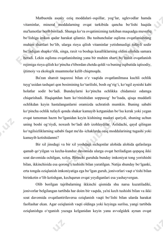 tajribalarning ikkinchi qismida shu narsa kuzatiladiki, jonivorlar belgilangan tartibda har doim bir vaqtda, ya'ni kech tushishi bilan va ikki soat davomida ovqatlantirilaversa oziqlanish vaqti bo‘lishi bilan ularda harakat faollashar ekan. agar oziqlanish vaqti oldinga yoki keyinga surilsa, yangi tartibda oziqlanishga o‘rganish yuzaga kelganidan keyin yana avvalgidek aynan ovqat berilishidan oldin ular serharakat bo‘lib qolar ekan. shunisi diqqatga sazovorki, bir marta ovqat berish 29 soat vaqt o‘tishi bilan yoki 19 soatdan kam vaqt ichida amalga oshirilsa, ovqat oldidan kuzatilgan harakatchanlik yuz bermasdan, bunday tartibda ovqatlanishga hayvonlar umuman o‘rgana olmasdan, oqibatda o‘lib ketar ekan. bu holatni shartli reflekslar nazariyasi bilan tushuntirish qiyin. haqiqatdan ham shartli reflekslar bilan ish olib borilganda tajribalar aynan kunning ma'lum vaqtida takrorlansa natija yaxshi bo‘ladi, belgilangan vaqtdan 3-4 soat oldin yoki keyin o‘tkazilgan tajribalarning samarasi bo‘lmaydi. bu ko‘pgina hayvonlarda o‘tkazilgan tajribalarida sinab ko‘rilgan. nega shunday? ushbu va oldingi savollarga javob topish uchun keyingi yillarda joriy qilingan biomaromlarga murojaat …