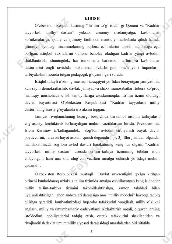 an il-86 rusumli samaliyotlar, toshkent traktor zavodidan chiqayotgan paxta terish mashinalari, asakadagi avtomabil zavodidan chiqarilayotgan “damas”, “nexsiya”, “matiz”, va boshqa rusumli hozirgi zamon avtomabillari faqat chizmalar asosida yaratiladi. hozirgi vaqtda chizma muhandisining o`z g`oyasi va fikrini ifodalovchi asosiy hujjat hisoblanadi. bu hujjat bo`yicha ishchi shu buyumni tayyorlash imkoniyatiga ega bo`ladi. kurs ishining maqsadi – mеn o`z kurs ishimda chizmachilik haqida umumiy tushuncha bеrishni va chizmalarga o`lchamlar qo`yishning asosiy qoidalari o`rganishni o`z oldimga maqasad qilib qo`yaman. kurs ishining vazifasi: – chizmachilik haqida bilimimni rivojlantirish. kurs ishi tuzilishi: kirish, ikki bob, xulosa foydalanilgan adabiyotlar ro`yxatidan iborat bo`lib, jami sahifani tashkil etadi. i-bob. chizmachilik haqida umumiy ma’lumotlar grafik tasvirga bo`lgan ehtiyoj ibtidoiy jamoa davrida paydo bo`la boshlagan. ibtidoiy odamlarning bizgacha saqlangan mehnat qurollari va buyumlarida qo`llanilgan bezaklar hamda qoyatoshga o`yib ishlangan ko`plab tasvirlar bundan guvohlik beradi. markaziy osiyo, jumladan o`zbekiston hududidagi arxeologik qazish ishlari bu erda yashagan ibtidoiy xalqlarning tasviriy san`ati ancha yuksak …