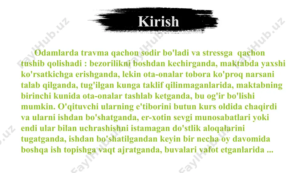 rsatadi. u aniq shaklga ega emas, lekin u yillar, o'nlab yillar davom etishi mumkin. misol uchun, bu nosog'lom oilada yoki nikohda ruhiy va jismoniy zarar etkazadigan bolalik. o'tkir b shok d surunkali f psixologik travmanıng belgilari psixologik jarohatlarning belgilari turlarning yana bir, batafsil tasnifiga bog'liq. - mavjudlik; - jarohatlarning yo'qolishi; - munosabatlarning shikastlanishi; - o'z xatolaridan shikastlanish. 01 - baxtsiz hodisalar avtomobilning jiddiy yoki boshqa yo'l-transport hodisalari. - doimiy zo'ravonlik ishda yoki maktabda zo'ravonlik. - hujum. - qotillik. - tabiiy ofatlar halokatli oqibatlarga olib kelishi mumkin bo'lgan yong'inlar, zilzilalar, toshqinlar yoki bo'ronlar kabi. - yaqin kishini yo'qotish, ota, ona yoki o'g'il kabi, ba'zan o'z joniga qasd qilish orqali. - ota-ona yoki bola kabi yaqin qarindoshning o'limi, ba'zida o'z joniga qasd qilish. - sog'liqni saqlash muammolari bu sizni uzoq vaqtdan beri tashvishga solgan. - o'g'irlangan. - o'g'irlash. borliqning shikastlanishi - bu o'lim tahdididir, yoki u va uning yaqinlariga biror narsa tahdid …