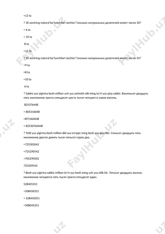 2∙5∙7 60=22∙3∙5 ? 48 sonini tub ko‘paytuvchilarga ajrating. разделите число 48 на простые множители. = = = ? 24 sonini tub ko‘paytuvchilarga ajrating. разделите число 24 на простые множители. = = = ? 36 sonini tub ko‘paytuvchilarga ajrating. разделите число 36 на простые множители. = = = ? 56 sonini tub ko‘paytuvchilarga ajrating. разделите число 56 на простые множители. = = = ? ekub(36, 42) ni toping. найти нод(36, 42). 6 =8 = 24 =4 ? ekub(40, 48) ni toping. найти нод(40, 48). =12 8 =5 =20 ? ekuk (24; 32) ni toping. найти нок(24, 32). =8 96 =64 =24 ? ekuk (36; 54) ni toping. найти нок(36, 54). 108 = 96 =64 =24 ?kasrni qisqartiring. сократите дробь: . = = = ? kasrni qisqartiring. сократите дробь: . = = = ?kasrni qisqartiring. сократите дробь: . = = = ?kasrni qisqartiring. сократите дробь: . = = = ? kasrni qisqartiring. …