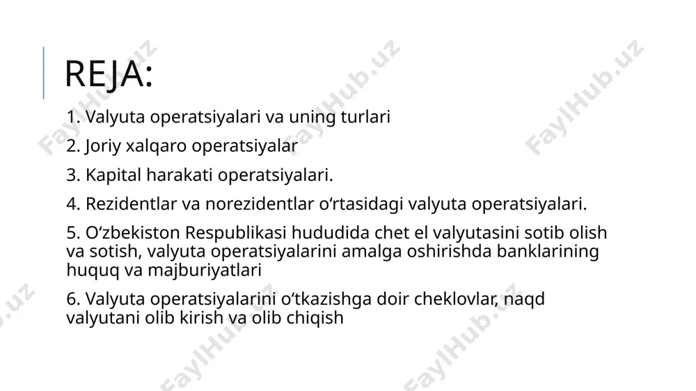 ) to‘lash davrida qarzning olingan, shartnomada ko‘rsatilgan to‘lash davrlari soniga nisbati sifatida hisob-kitob qilingan qismining ikki baravaridan ortiq bo‘lmagan miqdordagi summani to‘lash; nosavdo tusidagi pul o‘tkazmalari. joriy xalqaro operatsiyalar hamda ular bilan bog‘liq holda chet el valyutasini rezidentlar va norezidentlar tomonidan sotib olish yoki sotish cheklovlarsiz amalga oshiriladi. 2. joriy xalqaro operatsiyalar nosavdo tusidagi pul o‘tkazmalari jumlasiga quyidagilar kiradi: 1 jismoniy shaxslar o‘rtasida yuz million so‘m ekvivalentigacha bo‘lgan miqdordagi pul o‘tkazmalari; 2 shaxsiy ehtiyojlar uchun tovarlarga (xizmatlarga, ishlarga) haq to‘lash; 3 ish haqi, stipendiyalar, pensiyalar, alimentlar to‘lash; 4 xodimlarni o‘zbekiston respublikasidan tashqariga xizmat safariga yuborish bilan bog‘liq xarajatlarni to‘lash; 5 ta’lim, davolanish va turizm uchun haq to‘lash; 6 o‘zbekiston respublikasining chet davlatlardagi diplomatik va boshqa vakolatxonalari, shuningdek o‘zbekiston respublikasining davlatlararo yoki hukumatlararo tashkilotlar huzuridagi doimiy vakolatxonalari ta’minoti uchun haq to‘lash; 2. joriy xalqaro operatsiyalar nosavdo tusidagi pul o‘tkazmalari jumlasiga quyidagilar kiradi: 7 notarial va tergov harakatlari bilan bog‘liq to‘lovlar, shuningdek …