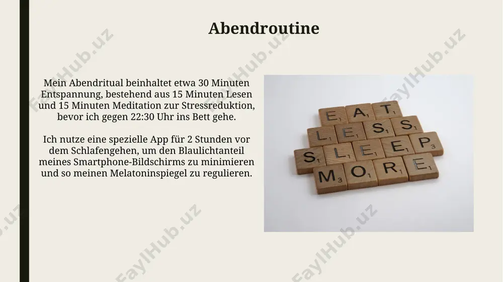 mein durchschnitts-schlafzyklus verlängerte sich um 30 minuten, von 6 auf 7,5 stunden. die meditationssitzungen dauern 10 minuten und fokussieren sich auf die atemtechnik, um den geist zu beruhigen und den stresslevel (gemessen an einer skala von 1-10) von durchschnittlich 7 auf unter 4 zu senken. vielen dank für ihre aufmerksamkeit @taqdimot_robot image1.jpg image2.jpg image3.jpg image4.jpg image5.jpg image6.jpg image7.jpg image8.jpg image9.jpg image10.jpg image11.jpg