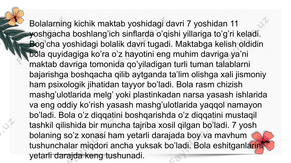 llektual qiziquvchanlik juda sezilarli ravishda rivojlanadi. psixologlarning tahkidlalariga qaraganda dastavval ayrim faktlarga, boshqa narsalardan ajratib olingan yolg’iz xodisalarga nisbatan qiziqishlar bo’ladi. undan keyin esa sabablarini, qonuniyatlarini, xodisalar o’rtasidagi aloqa va o’zaro bog’liqliklarni bilib olish uchun bo’lgan qiziqishlar rivojlanadi. badiiy-estetik rivojlanish. kichik maktab yoshidagi davrda bolalar badiiiy-estetik rivojlanishda katta imkoniyatlariga ega bo’ladilar. bolalar odatda rasm chizishga, loy yoki plastilindan narsa yasash ishlariga, ashula aytish va mo’zikaga juda qiziqadilar. bunday faoliyatni to’g’ri tadqiq qilish bir tomondan bolalarga estetik hislarning rivojlanishiga yordam beradi, ikkinchi tomondan tegishli qobiliyat komponentlarining rivojlanishiga uchun shart-sharoit yaratadi. kichik maktab yoshidagi bolalar uchun mehnatning tarbiyaviy ahamiyati kattadir. biroq shuni takidlab o’tish lozimki, har qanday mehnat ham shaxsda ijtimoiy jihatdan qimmatli hislatlarini tarbiyalayvermaydi. mehnat o’z shaxsiy manfaati uchun bajonudil va ko’p mehnat qilishga bo’lgan xudbinni ham tarbiyalaydi. e'tiboringiz uchun rahmat type your text messages what type your text messagestype your text messages why type your text messagestype your text messages …