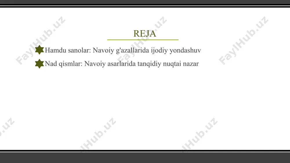 b, sarsar esganda olti-etti hubob. neki maxluq ichiga qotilg‘on, sen yaratg‘on, alar yarotilg‘on. maqolatlar imon va islomning ta ’rifi bilan boshlangan. shundan so'ng uchinchi maqolatda shohlik va uning qoidalari to'g'risida so’z boradi. navoiy shohga xitoban deydiki, u barcha bandalar qatori oddiy bir insondir. u hatto unga tobe’ bo'lgan ayrim kishilardan ma’naviy jihatdan quyi ham turadi. bil munikim , sen dag'i bir bandasen ko'pragidin ojizu afkandasen... lek h unar ichra, kamol ichra ham , xulqi xushu lutfi maqol ichra ham. h am ravishu adlu ham insof aro, hilmu hayou bori avsof aro. sen tushubon yo'l nahajidin yiroq, ko'pragi sendin yurubon yaxshiroq. худоё, мусаллам худолиқ санга, биров шаҳки, даъби гадолиқ санга. худованди бемислу монандсен, худовандларга худовандсен. забардастлар зердастинг сенинг, бийиклар келиб борча пастинг сенинг. санки кўргузуб мавж дарёйи жуд, сен айлаб аён коргоҳи вужуд. вужуд аҳлининг коми жудунг била, келиб жуд қойим вужудунг била2. вужудунг қачон қилса зоҳир қидам, бўлуб борча ашё …
