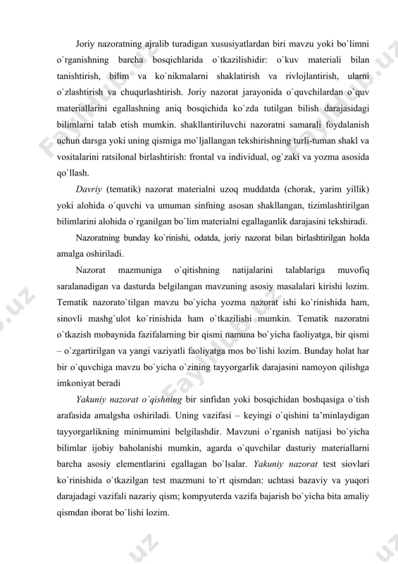 rat o`qishning bir sinfidan yoki bosqichidan boshqasiga o`tish arafasida amalgsha oshiriladi. uning vazifasi – keyingi o`qishini ta’minlaydigan tayyorgarlikning minimumini belgilashdir. mavzuni o`rganish natijasi bo`yicha bilimlar ijobiy baholanishi mumkin, agarda o`quvchilar dasturiy materiallarni barcha asosiy elementlarini egallagan bo`lsalar. yakuniy nazorat test siovlari ko`rinishida o`tkazilgan test mazmuni to`rt qismdan: uchtasi bazaviy va yuqori darajadagi vazifali nazariy qism; kompyuterda vazifa bajarish bo`yicha bita amaliy qismdan iborat bo`lishi lozim. nazoratning yana bir ko`rinishi – o`zini-o`zi nazorat qilishdir. o`zini-o`zi nazorat qilish o`zini-o`zi baxolash bilan birgalikda o`quvchilar tomonidan o`qish mobaynida doimiy amalga oshiriladi. har bir nazorat jarayonida o`quvchi nafaqat, nimani o`rganganligini bilish, qanday xatolarga yo`l qo`yganligi, nimani o`zlashtirmaganligini, balki o`zining bilimini mustaqil baholash qanday ekanligini tushungan holda, o`qituvchi tomonidan qo`yilgan bahoning haqqoniyligini anglashi lozm. buning uchun, o`quvchilarni baholash mezonlari bilan tanishtirish, sekin-astalikda mazmunan o`zlarining bilimlarini baholashni rivojlantirish zarur. bilim va baholash mezonlariga qo`yiladigan talablarni aniq qo`yilishi o`quvchilarni anglangan holda ilmga bo`lgan munosabtini tarbiyalaydi, ular tomonida o`zlarini …