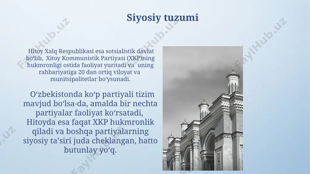 zhen shahrida minglab texnologiya kompaniyalari faoliyat yuritadi. oʻzbekistonning it sohasi 2023 yilda 1 milliard aqsh dollaridan ortiq daromad keltirgan boʻlsa, xitoy bu koʻrsatkich boʻyicha dunyoda yetakchi hisoblanadi va milliardlab dollarlik daromadga ega. aholisi va demografiyasi oʻzbekiston aholisi soni 36 million kishidan ortiq boʻlib, hitoy aholisining 2% dan kamini tashkil etadi. bu farq, asosan, mamlakatlarning hududiy kattaligi va zichligi bilan bogʻliq. hitoyda 56 ta etnik guruh mavjud boʻlsa, oʻzbekistonda asosan oʻzbeklar (80%) va boshqa oz sonli millat vakillari yashaydi. bu demografik farq madaniy xilma-xillikni aks ettiradi. madaniyati va urf-odatlari узбекистоннинг кўплаб минтақаларида, хусусан бухоро ва самарқанд шаҳарларида, 1000 йилдан ортиқ тарихга эга анъанавий ҳунармандчилик ва архитектура элементлари сақланиб қолган, бу эса хитойнинг тез ривожланаётган шаҳарларидан фарқ қилади. хитойдаги байрамлар, масалан, баҳор фестивали, миллионлаб одамларни жалб этадиган кенг кўламли тадбирлар бўлиб, узбекистоннинг нисбатан кичик миқёсдаги маросимлари ва байрамларидан фарқ қилади. turizmi oʻzbekistonda ekoturizm, agrotourism va madaniy turizm kabi turli turizm turlari rivojlanmoqda. …