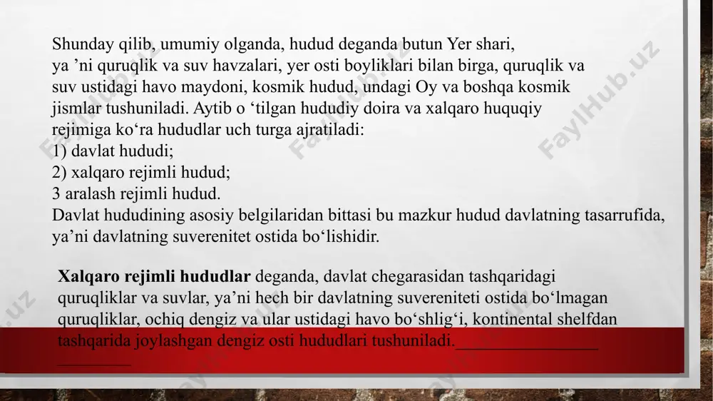 shuvini amalga oshirishgan. sessiya amalga oshirilganida, aholi uchun optatsiya huquqi berilgan, y a’ni ular ikki davlatdan birining fuqaroligini tanlaydi. ya’ni estoppel konsepsiyasi davlatning ma’lum bir holatga nisbatan sukunat saqlashi yoki ilgaridan tan olinganligi inobatga olib ushbu holat bo‘yicha o‘z qarashlarini o’zgartirmasiligidir._____________________________________ masalan. bmtning xalqaro sudi 1962-yilgi kambodja va tayland o’rtasidagi preax vixear ibodatxonasi bo‘yicha nizoni kambodja foydasiga qaror chiqargan, chunki tayland 15yil davomida ushbu masala bo‘yicha hech qanday e ’tiroz bildirmanganligi uchun tayland tomonidan ma’qul deb hisoblangan va shu sababli estoppel prinsipi qo ‘llaniladi. hududiy nizoiar tarixiy voqealar sababli yuzaga kelgan hududiy nizoiar ko‘plab chegaradosh hududlarda yillar davomida o’z yechimini topmagan. masalan, yangi yerlar ilk bora topilgan paytlarda yoki kolonizatsiya davrlarini aytib o ‘tish mumkin. hozirgi paytda ham yer osti boyliklari mavjud bomgan hududlar uchun ko‘plab nizoiar yuzaga kelmooda va ko‘p yillar davom etmoqda. misol tariqasida, janubiy xitoy dengizidagi hech bir davlatga tegishli bo‘lmagan kimsasiz spratli orollarini keltirish mumkin. 1971-yilgi …