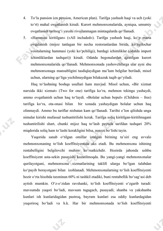 angi mehmonxonalar qurilayotgani, mehmonxona xizmatlarining taklifi ularga bo‘lgan talabdan ko‘payib borayotgani bilan izohlanadi. mehmonxonalarning to‘lish koeffitsiyenti hozir o‘rta hisobda taxminan 60% ni tashkil etadiki, buni rentabellik bo‘sag‘asi deb aytish mumkin. o‘z-o‘zidan ravshanki, to‘lish koeffitsiyenti o‘zgarib turadi: mavsumda yuqori bo‘ladi, mavsum tugagach, pasayadi; shanba va yakshanba kunlari ish kunlaridagidan pastroq, bayram kunlari esa oddiy kunlardagidan yuqoriroq bo‘ladi va h.k. har bir mehmonxonada to‘lish koeffitsiyenti o‘zgarishining muayyan manzarasi kuzatiladi. ushbu koeffitsiyent o‘zgarishlarini muvozanatga solish uchun ma’muriyat tegishli chora-tadbirlar ko‘rishi kerak. to‘lish koeffitsiyenti juda ko‘p omillarga bog‘liq bo‘ladi. bu yerda shuni ta’kidlab o‘tish kerakki, tarif miqdori bilan to‘lish koeffitsiyenti o‘rtasida bevosita bog‘liqlik mavjud emas: misol uchun, tarifi 60 aqsh dollari bo‘lgan mehmonxonaning to‘lish koeffitsiyenti 62%, tarifi 100 aqsh dollari bo‘lgan mehmonxonaniki esa – 75% bo‘lishi mumkin. vaholanki, iqtisodiy nazariya xizmatlar qiymati pasayishiga qarab, ularga bo‘lgan talabning oshishini nazarda tutadi. ammo muayyan bir mehmonxonada bunday bog‘liqlik kuzatilishi, ya’ni tarifning pasaytirilishi to‘lish koeffitsiyentining oshishiga olib …
