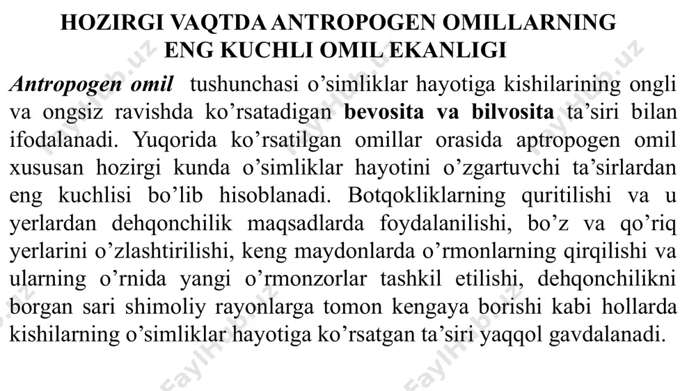 dan ko’plab suvni olish ekologik holatga - orol dengizining qurishiga olib keldi. bundan tashqari almashlab ekishga rioya qilmaslik, muntazam ravishda zaharli ximikatlar solish tibbiy - sanitariya holatini murakkablashtirdi, ichimlik suvning tarkibi buzilgan. orol bo’yida birinchi navbatda qoraqolpog’iston respublikasi toshxovuz va xorazm viloyatida suv ta’minotida og’ir vaziyat yuzaga keldi. o‘simliklar olamini muhofaza qilish atrof-muhitni, o’simliklar olamini muhofaza qilish insoniyat uchun juda katta hayotiy ahamiyatga ega. insoniyat tabiatdan foydalanar ekan, uning asrlar davomida shakllangan tabiiy manzarasini o’zgartirmoqda, unga salbiy ta‘sir ko’rsatmoqda. sanoat tarmoqlari va qishloq xo’jaligining rivojlanib borishi, tabiiy maydonlarning keng miqiyosda o’zlashtirilishi ekologik muvozonat buzilishiga olib kelmoqda. o‘simliklar olamini muhofaza qilish natijada o’simliklarning qimmatli turlari yo’q bo’la boshladi. tog’ bag’ridagi yong’oqzor va butazorlarning, o’rmonzorlardagi qimmatbaho daraxtlarning shafqatsizlarcha kesib yuborilishi oqibatida nafaqat o’simliklar dunyosi kambag’allashib qoldi, balki ekologik muhit ham jiddiy xavf ostida qoldi. ana shunday salbiy harakatlar erroziya (tuproqning yuvilib, yemrilib ketishi) jarayonining kuchayishiga va tog’ yon bag’irlarining hosili yalong’och maydonlarga …