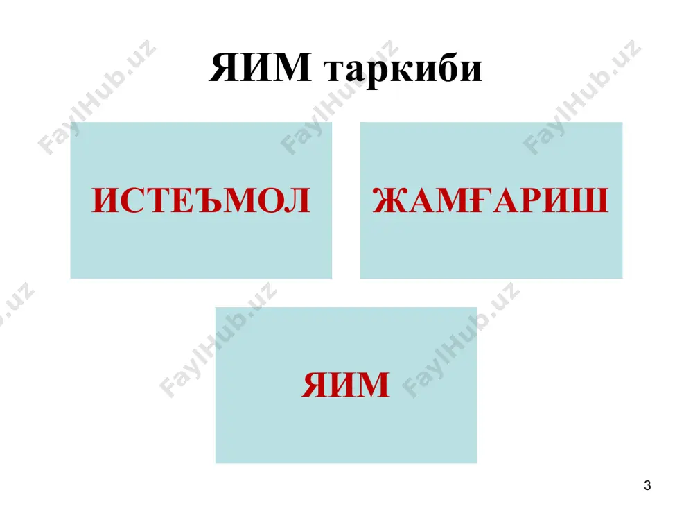 инг бир қисмини ташкил этади ва шу сабабли миллий даромад ҳажми кўпайишини белгилайдиган омиллар жамғариш миқдорини ҳам белгилаб беради. 12 жамғарма ва инвестиция ўртасидаги мувозанатнинг классик модели 13 жамғарма ва инвестиция ўртасидаги мувозанатнинг кейнсча модели 14 уй хўжаликлари жамғармалари ва инвестициялари 15 уй хўжаликлари жамғармалари қисқа муддатли жамғармалар ўрта ва узоқ муддатли жамғармалар муомала воситалари бўйича заҳиралар жорий тўловлар учун заҳиралар мақсадли жамғармалар мақсадсиз жамғармалар (бўш пул маблағлари) молиявий имкониятлар доирасидан четга чиқувчи эҳтиёжлар меърос кўзда тутилмаган ҳолатлар суғурталаш, қариликни таъминлаш тўлов имкониятларининг ортиши корхоналар баҳолардан ташқари рақобатда товарнинг техник жиҳатдан янгилиги, унинг автоматлаш-тирилиши; товарларнинг янгидан-янги эҳтиёжларни қондириш имконият-лари; ўхшаш товарларга нисбатан ишлаб чиқарилаётган товарнинг чидамли, ишончлилиги, сифатининг юқорилик даражаси; товарларни сотиб олган харидорларга кўрсатиладиган хизмат-ларнинг хилма-хиллиги; товарларнинг тежамлилиги, ихчамлиги, энерго ресурсларни камроқ харажати; атроф-муҳит учун экологик тоза бўлиши ва ҳоказолар 16 ғайриқонуний рақобат усулларга баҳолар бўйича бир нечта фирмаларнинг ўзаро келишиб олишлари; бошқа фирмалар товарларининг номлари, ташқи кўриниши, товар …