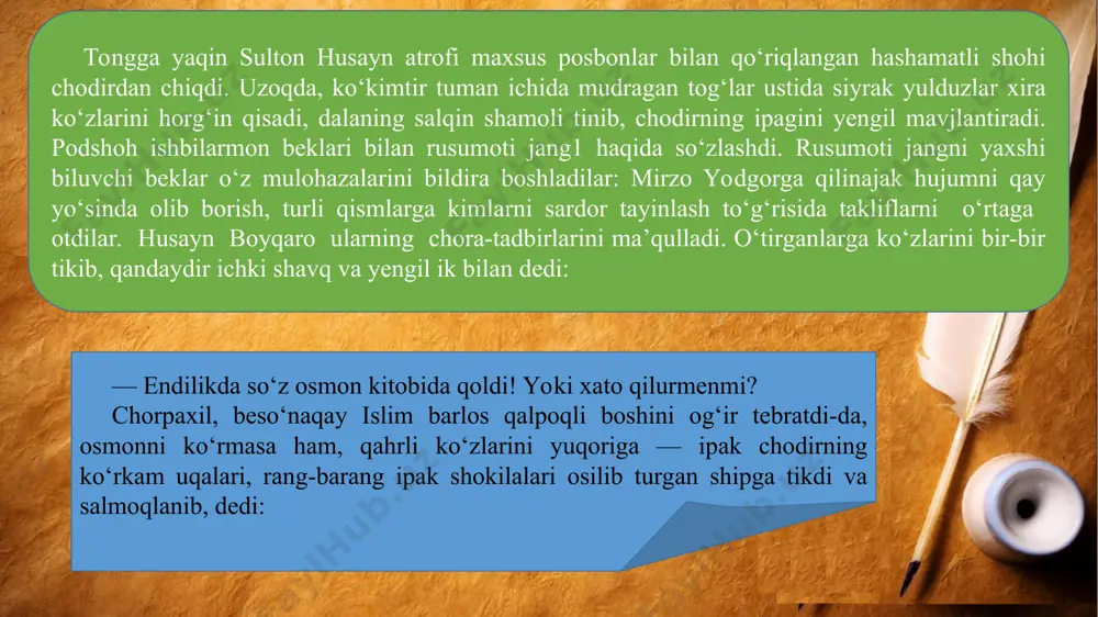 anidanmi yoki mirzo yodgor bilan zimdan til biriktirganidanmi, bir ko‘p beklar va yigitlar o‘rdu gohdan qocha boshlagan edi. navoiy husayn boyqaro qarorgohiga qaytib, hirotda tinchlik-osoyishtalik barpo qilganini bildirgach, podshoh oshig‘ich ravishda poytaxtga otlandi. lekin birinchi mag‘lubiyatdan keyin yana ko‘p quvvat to‘plab, hatto astrobodni ishg‘ol etgan mirzo yodgor endi ko‘zlarini hirotga tikkan edi. uning odamlaridan bir qismi hirot tevaragida yashirin harakat qila boshlagan edi. husayn boyqaro tashvishda edi. navoiy mumkin qadar ildam hirotga yetishni, unda yangi kuchlar yig‘ib, dushmanning butun kirdikorlarini behuda qilishni maslahat bergach, husayn boyqaro lashkari bilan poytaxtga oshiqdi. voqealar barq sur’ati bilan davom etdi. husayn boyqaro tun kun yo‘l bosdi. poytaxtga ikki-uch rabotlik masofa qolganda to‘xtadi. u odat bo‘yicha, hirot ulug‘larining istiqbolga chiqishlarini, tantana bilan shaharga kirishni orzu qilar edi. lekin poytaxt go‘yo uning kelishidan butunlay xabarsizdek ko‘rindi. hirot kar va sovuq. husayn boyqaroning rangi o‘chdi. lashkar orasida duv-duv gap kеtdi. voqeani o‘rganmoq uchun yuborilgan odamlar shumshayib qaytishdi; …