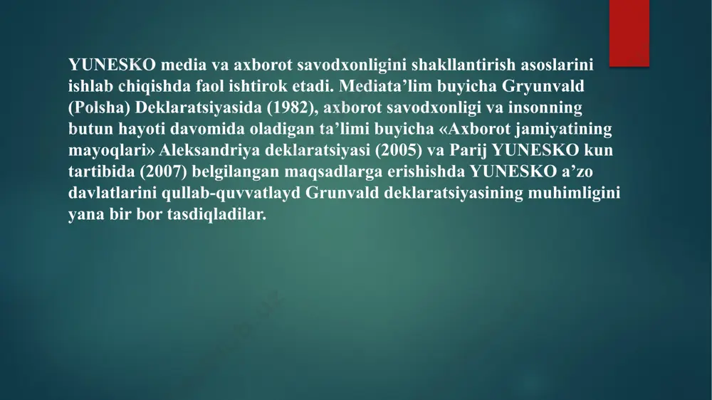 qaratilgan monografiya o`zida mantiqiy fikrlash va pedagogik tadqiqotlarda qoqllannladigan yondashuvlarni birlashtirgan. sunggi yillarda yunesko, yevropa ittifoqi va aloxdda davlatlar tomonidan media savodxonlikni targ`ib qilish borasida amalga oshirilayotgan tashabbuslarni tahlil qilish asosida, tadqiqot mualliflari xose manuel peres tornero va tapio varis tomonidan media savodxonlikning madaniyatlararo muloqotga qushayotgan hissasini oshirish uchun hal qilinishi lozim bulgan asosiy muammolar belgilandi. yunesko tomonidan 2011 yilda ommaviy axborot vositalari, axborot, akt, ta’lim va ta’lim dasturlarini ishlab chiqish kabi turli xil soxa mutaxassislarining xamkorligida uqituvchilar uchun muljallangan «media va axborot savodxonligi» ta’lim dasturi nashr qilindi. 2008 yildan buyon dastur ishlab chiqilishi davrida ta’lim dasturlarini ishlab chikish strategiyalari va dasturning birinchi variantini tadkik kilish masalalari buyicha mutaxassislardan iborat bir nechta xalkaro maslaxat kengashlari tashkil etildi, dunyoning turli mamlakatlarida media va axborot savodxonligini shakllantirish uchun ishlab chikilgan ta’lim resurslari anikdandi ta’lim dasturining loyixasi ustida to`rtta mutaxassislar guruxi ish olib bordi janubiy afrika, lotin amerikasi va karib dengizi xamda janubiy …