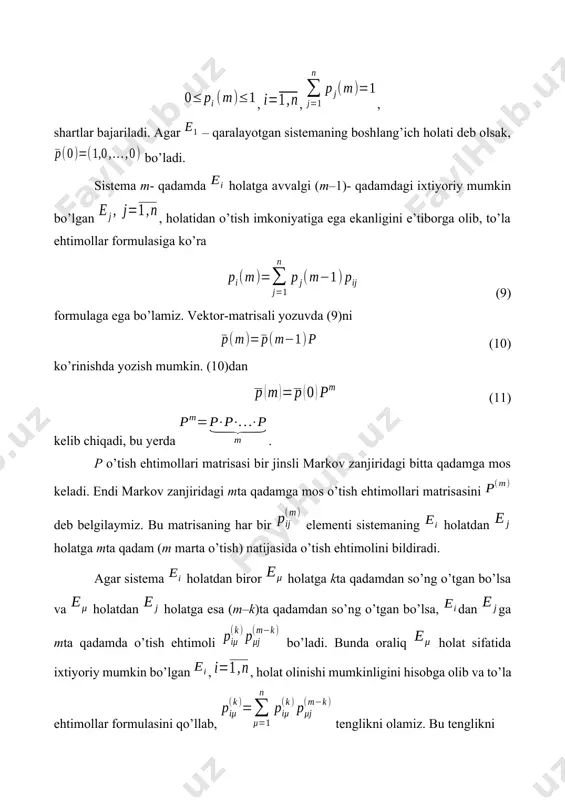 olatini hisoblash uchun (13) sistemani tuzamiz: bu sistemani yechib, , ekanligini aniqlaymiz. demak, qadam soni ortishi bilan korxonaning va holatlarda bo’lish ehtimollari, mos ravishda, va ga yaqinlashadi. 3. daromadli markov jarayonlari chekli holatlarga va o’tishlar matrisasiga ega bo’lgan ergodik markov jarayoni berilgan bo’lsin. dan ga o’tishga daromad deb ataluvchi sonlarni mos qo’yamiz. bunday sistema ishlab tursa, ma’lum vaqt o’tgandan so’ng markov jarayonining ehtimollari taqsimotiga bog’liq bo’lgan umumiy daromad ham tasodifiy miqdor bo’ladi. sistema o’tish qilishi natijasidagi umumiy daromadni hisoblaymiz. umumiy daromad deganda daromadning matematik kutilmasi yoki o’rtacha qiymati tushuniladi. agar jarayon holatdan boshlanib o’tishdan keyin kutilgan daromad miqdorini deb belgilasak, o’tishdan keyin daromadni birinchi o’tishdan olgan daromad plyus qolgan o’tishdan olingan daromad deb hisoblash mumkin. sistemani holatdan bir o’tishda olingan daromadni deb belgilaymiz: . qolgan o’tish natijasida kutilgan daromad birinchi kadamdan keyingi sistemaning holatiga bog’liq. sistema holatga o’tgan bo’lsin. u holda qolgan o’tish natijasidagi o’rtacha daromad ga teng bo’ladi. sistema …