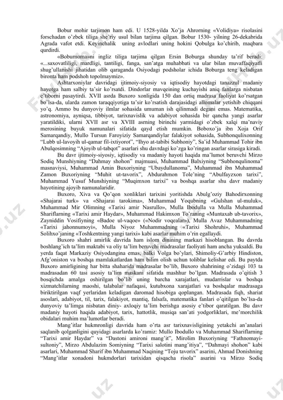 or ijtimoiy falsafiy fikr davvoniy, qorabog’iy, mashrab, turdi, bedil kabi shoir va yozuvchilarning asarlarida rivojlantirildi. mirzo abulqodir bedilning (1644-1720) asarlari xalq orasida katta shuhrat qozongan edi. bedil tabiatni abadiy deb bilib, materiya, ruh va ilohiy substansiyaning uzviy birligi haqidagi fikrni rivojlantirdi. bedil o’zining «chor unsur» asarida mavjudotning asosini havo deb, «ifron» asarida uni «mavjudu mavjud», ya’ni mavjudotning yaratuvchisi deb bilgan. bedil o’z asarlarida hunarmandchilik, dehqonchilik, hurfikrlilik va ilmni kuylagan. uning falsafiy ta’limoti butun xviii-xix asr faylasuflariga amaliy yo’nalish berdi. xvi asrning birinchi yarmida yashab o’tgan buxorolik navkabiy musiqa ilmiga oid ajoyib asar yozgan edi. darveshali samarqandiy tomonidan musiqa fani to’g’risida 12 maqomdan iborat «risolai musiqiy» asarining yozilishi ham xvi-xvii asrlarga to’g’ri keladi. bu asarda musiqa, kuy, cholg’u asboblari, musiqa san’atiga doir asarlar yozgan olimlar va shoirlar to’g’risida ma’lumotlar berilgan. xvi-xvii asrlar madaniyatining o’ziga xos xususiyatlaridan biri shundaki, bu davrda movarounnahrda ko’plab adabiy va tarixiy asarlar yaratildi. ayniqsa, tarixshunoslik keng rivoj …