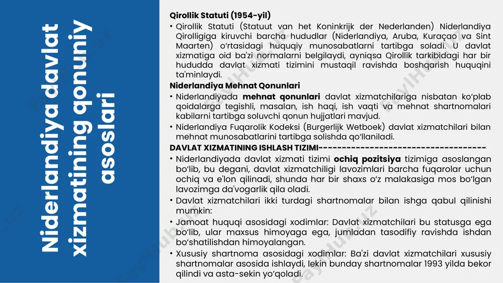 ifalarini o'z vaqtida va sifatli bajarish, va sadoqat – davlat manfaatlariga sodiqlik. har bir xususiyat davlat xizmatchisining muvaffaqiyatli faoliyat yuritishi uchun zarur. davlat xizmatchilari uchun zarur bo'lgan ko'nikmalar: samarali muloqot – fuqarolar va hamkasblar bilan aloqani o'rnatish, muammolarni hal qilish – kutilmagan vaziyatlarda yechim topish, va jamoaviy ish – birgalikda samarali ishlash. bu ko'nikmalar xizmat jarayonlarida muhim ahamiyatga ega. xizmatning ijtimoiy ahamiyati: davlatga xizmat qilish fuqarolar bilan aloqani mustahkamlash, ijtimoiy barqarorlikni ta'minlash va davlatning rivojlanishiga hissa qo'shishda muhim rol o'ynaydi. 1 2 3 4 davlat xizmatchilarining huquqiy maqomi davlat xizmatchilarining huquqiy maqomi - bu davlat xizmatchilarining o'z vazifalarini bajarish jarayonida ega bo'lgan huquq va majburiyatlar to'plami. ularning maqomi ko'plab muhim jihatlarni o'z ichiga oladi: 1. **status**: davlat xizmatchilarining o'ziga xos statusi bor, bu ularning davlat organlaridagi rolini belgilaydi. 2. **huquqlar**: davlat xizmatchilari qonunlar asosida turli huquqlarga ega, masalan, ish joyida xavfsizlik, malaka oshirish va ijtimoiy himoya. 3. **majburiyatlar**: ular o'z …