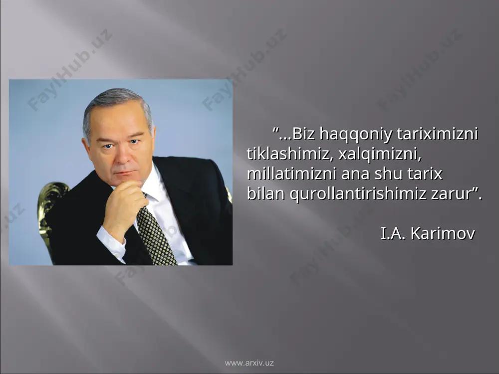sh va yoritishda xolisona, haqqoniy, adolatli yondoshuv muhim metodologik qoidadir. xolislik qoidasini tarixiy voqea, hodisalarni o’rganayotganda ular bilan bog’liq bo’gan barcha faktlarning hech bir istisnosiz butun majmuini birga olib tekshirishni, xaqqoniy dalillarga asoslanishini talab qiladi. tarixni o’rganishda tarixiylik metodologiyasi muhim ahamiyatga ega. tarixiylik qoidasi voqea va xodisalarni o’z davrining aniq tarixiy sharoitidan kelib chiqqan holda o’rganishni taqoza etadi. voqea, xodisalarni o’rganishda tarixiy bog’lanish, tarixiy o’zviylik, tarixiy rivojlanish jarayoni qoidalariga rioya qilmoq zarur. har bir narsa, voqea va xodisani boshqa voqea, xodisalar bilan bog’lab o’rgangandagina mazkur voqea, hodisaning umumiy tarixiy jarayondagi uning to’g’ri aniqlash, belgilash mumkin bo’ladi. har bir voqea, hodisaga umumiy tarixiy jarayonning bir qismi, bir bo’lagi deb qaramoq zarur. har bir hodisa qanday tarixiy sharoitda, muhitda paydo bo’lganligini bu xodisa o’z taraqqiyotida qanday asosiy bosqichlarni o’tganligini, keyinchalik u qanday bo’lib qolganligini bilish tarixiylik qoidasining asosiy talabidir. www.arxiv.uz www.arxiv.uz www.arxiv.uz www.arxiv.uz 1. qadimgi davr - eng qadimgi zamonlardan milodiy v …