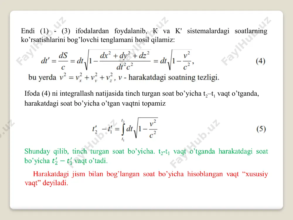 a sodir bo’lsin. bu hol uchun (4) - (5) almashtirish formulalarini yuqoridagi shartlarning birinchisiga asosan quyidagi ko’rinishda yozish kerak: bu almashtirishlar orqali intervalning invariantligining matematik ifodasi quyidagi ko’rinishni oladi: yuqoridagi tenglik barcha (x', t') uchun o’rinli bolish shartidan, bu tenglikning o’ng va chap tomonlarida x'2, t'2 va x't' ishtirok etgan hadlar mos ravishda bir-biriga teng bo’lishi kerak. bu shartlardan nomalum koeffitsientlar a va b ni topamiz: bu ifodalarni (6)ga qo’yish natijasida qidirilayotgan almashtirishlarni aniqlaymiz: ushbu ifodalar voqealarning l-sistemadagi koordinatalarini r- sistemadagi koordinatalari orqali aniqlab beradi va lorenz almashtirishlari deb ataladi. bu yerda harakat x o’qiga parallel bo’lganligi uchun y = y' va z=z' bo’lishini inobatga oldik. teskari almashtirish formulalarini olish uchun (8) da (t,x) —> (t', x') va (v —> -v) almashtirishlarni bajarish kifoya qiladi: lorenz almashtirishlaridan kelib chiqadigan xulosalar lorents almashtirishlari bir vaqtlilik tushunchasining nisbiy xarakterda ekanligini miqdor jixatdan aniqlashga imkon beradi. bir inertsial sistemada bir vaqtda yuz bergan …
