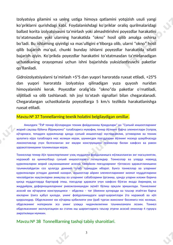 lmalarda suv xaydovchi naychalar ko’zda tutilmagan yoki kichkina (5 sm gacha) diametrlisi qo’yilgan. bunday oraliq qurilmalarni ta’mirlashda amaldagi me’yorlarga muvofiq naychalar o’rnatiladi. izolyatsiyani yotqizishdan oldin tayyorlov qatlamining yuzasi e’tibor bilan quritiladi va (25...35% bn–sh markali bitumning 75...65% massasi bo’yicha benzin, kerosin, ligrionda eritilgani) bitumli lok bilan gruntovka qilinadi. izolyatsiya gruntovka qilingandan keyin 2...3 soatdan keyin yotqiziladi. izolyatsiya gilamini va uning ustiga himoya qatlamini yotqizish usuli yangi ko’priklarni qurishdagi kabi. foydalanishdagi ko’priklar oraliq qurilmalaridagi ballast korita izolyatsiyasini ta’mirlash yoki almashtirishni poyezdlar harakatini to’xtatmasdan yoki ularning harakatida “okno” hosil qilib amalga oshirsa bo’ladi. bu ishlarning qiyinligi va mas’ulligini e’tiborga olib, ularni “okno” hosil qilib bajarish ma’qul, chunki bunday ishlarni poyezdlar harakatida sifatli bajarish qiyin. ko’prikda poyezdlar harakatini to’xtatmasdan ta’mirlanadigan uchastkaning orayopmasi uchun ishni bajarishda yuksizlantiruvchi paketlar qo’llaniladi. gidroizolyatsiyalarni ta’mirlash +5os dan yuqori haroratda ruxsat etiladi, +25°s dan yuqori haroratda izolyatsiya qilinadigan yuza quyosh nuridan himoyalanishi kerak. poyezdlar oralig’ida “okno”da paketlar o’rnatiladi, siljitiladi …