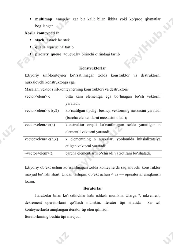 a tipidir. stl da ob’ekt-funksiyalar o‘ziga xos axamiyatga ega. ob’ekt-funksiyalar – bu sinfda «kichik qavslar» () operatsiyasi aniqlangan sinf nusxalari. ba’zi bir xollarda funksiyalarni ob’ekt-funksiyalarga almashtirish qulay deb xisoblanadi. ob’ekt-funksiya funksiya sifatida ishlatilsa, unda uni chaqirish uchun operator () operator ishlatiladi. vector-vektor konteynerlari stl da vector vektor dinamik massiv sifatida aniqlanadi. massiv elementlariga indeks orqali ruxsat beriladi. vector sinfida quyidagi konstruktorlar aniqlangan: · birinchi shakl bo‘sh vektor konstruktorini tavsiflaydi. · konstruktor vektorning ikkinchi shaklida elementlar soni – bu son, xar bir elementi esa qiymat qiymatiga teng. qiymat parametri ko‘rsatilmagan xoldagi qiymat bo‘lishi mumkin. · konstruktor vektorning uchinchi shakli – bu nusxalash konstruktori. · to‘rtinchi shakli – bosh va oxirgi iteratorlar orqali elementlar diapazonini o‘z ichiga olgan konstruktor vektor. vektorda saqlanadigan ixtiyoriy ob’ekt uchun ko‘rsatilmagan xolda konstruktor aniqlash zarur. bundan tashqari, ob’ekt uchun , >=. bundan tashqari, vector sinf uchun [] indeks operatori aniqlangan. ikki yo‘nalishli tartib (deque) deque – vektor …