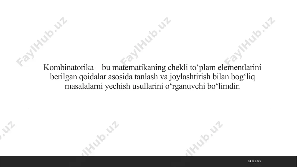 degan darak gap mulohaza bo`ladi. bu mulohaza – rost. 16.12.2023 mulohazaning qiymati deganda biz uning rost yoki yolg`onligini tushunamiz. mulohazalar odatda lotin alifbosining bosh harflari (a, b, c, .... x, y, z) bilan, ularning qiymatlari (“rost”, “yolg`on”)ni r va yo harflari bilan belgilaymiz. bu yerda r – rost, yo – yolg`on. shuningdek, ularni raqamlar bilan ham belgilash kiritilgan bo`lib, rost mulohaza 1, yolg`on mulohaza esa 0 bilan belgilanadi. qismlarga ajratilmaydigan mulohazalar elementar mulohazalar deb aytiladi. elementar mulohazalar yordamida undan murakkabroq mulohazalarni tuzish mumkin. 16.12.2023 foydalanilgan adabiyotlar: http://genderi.org sayti e.u. soatov oliy matematika 1996 16.12.2023 image1.jpeg /docprops/thumbnail.jpeg
