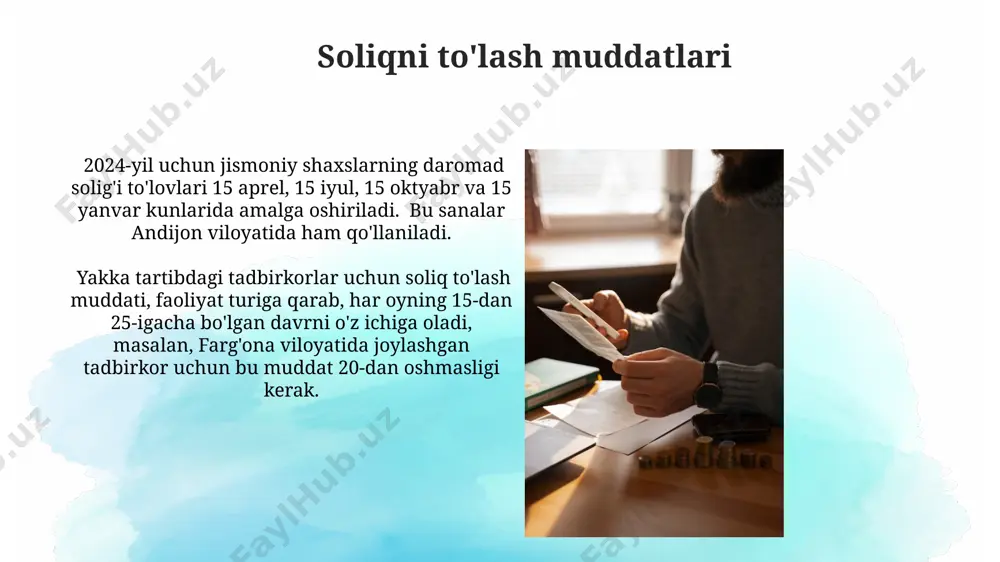 g daromad soligʻi 12% dan 25% gacha, daromad miqdoriga qarab belgilanadi, bu esa toshkent shahri va viloyatlarda turlicha boʻlishi mumkin. mol-mulk soligʻi, masalan, toshkentdagi kvartiralar uchun, mulkning kadastr qiymati va joylashgan hududidan kelib chiqib, yiliga 0,4% dan 1,5% gacha boʻladi, viloyatlarda esa ancha pastroq. soliq deklaratsiyasini topshirish tartibi deklaratsiya shaklining to'g'ri to'ldirilishi va zarur hujjatlarning ilova qilinishi muhim ahamiyatga ega. noto'g'ri to'ldirilgan deklaratsiya qayta topshirishga olib kelishi va 500 000 so'm miqdorida jarima solinishi mumkin. jismoniy shaxslar daromad solig'i deklaratsiyasi soliq organlariga shaxsan, pochta orqali yoki elektron shaklda, my.soliq.uz portalidan foydalanib topshirilishi mumkin. elektron topshirish 2023 yildan beri keng qo'llanilmoqda. soliq qonunbuzarliklari va javobgarlik samarqand viloyatida 2023-yilda soliq deklaratsiyasini noto'g'ri to'ldirganlik uchun 500 ming so'mdan 1 million so'mgacha jarima qo'llanilgan 15 ta holat qayd etilgan. soliq kodeksining 225-moddasiga ko'ra, yolg'on ma'lumotlar taqdim etgan fuqarolar 5 yilgacha ozodlikni cheklash yoki 3 yilgacha ozodlikdan mahrum qilinishi mumkin. yagona soliq to'lovi toshkent shahrida …
