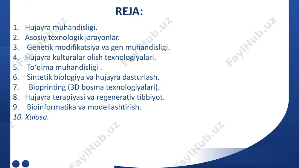 boratoriya sharoitida oziqlantiruvchi muhitda koʻpaytirish va saqlash. - 3d hujayra madaniyati: hujayralarni uch oʻlchamli strukturalarda (organoidlar, gidrogellar) oʻstirish, toʻqima muhitini taqlid qilish. - kriokonservatsiya: hujayralarni past haroratda saqlash va keyinchalik qayta tiklash. 3. toʻqima muhandisligi . scaffold texnologiyalari: biodegradatsiyalanuvchi materiallardan yasalgan tayanch strukturalar yordamida yangi toʻqimalar yaratish. stem hujayralar va differensatsiya: koʻp qirrali hujayralarni maʼlum bir toʻqima hujayralariga aylantirish (masalan, osteoblastlar yoki neyronlar). organoidlar: in vitro sharoitda mini-organlar (masalan, miya, jigar organoidlari) ishlab chiqarish. 4. sintetik biologiya va hujayra dasturlash. genetik sxemalar: hujayralarga sunʼiy "sxemalar" kiritish (masalan, yorugʻlikka yoki kimyoviy moddalarga sezgir sensorlar). metabolik muhandislik: hujayra metabolizmini oʻzgartirib, maqsadli mahsulotlar (bioyoqilgʻi, antibiotiklar) ishlab chiqarish. 5. bioprinting (3d bosma texnologiyalari). lazer yoki mikrofluidik asosdagi printerlar: hujayralarni qatlamma-qatlam joylashtirib, murakkab toʻqima strukturalarini yaratish. - vaskulyar tarmoqlar: qon tomirlarini taqlid qiluvchi kanallar bilan toʻqimalarni bosib chiqarish. 6. hujayra terapiyasi va regenerativ tibbiyot. stem hujayra transplantatsiyasi: kasallangan toʻqimalarni yangilash uchun ildiz hujayralarni yetkazib berish …