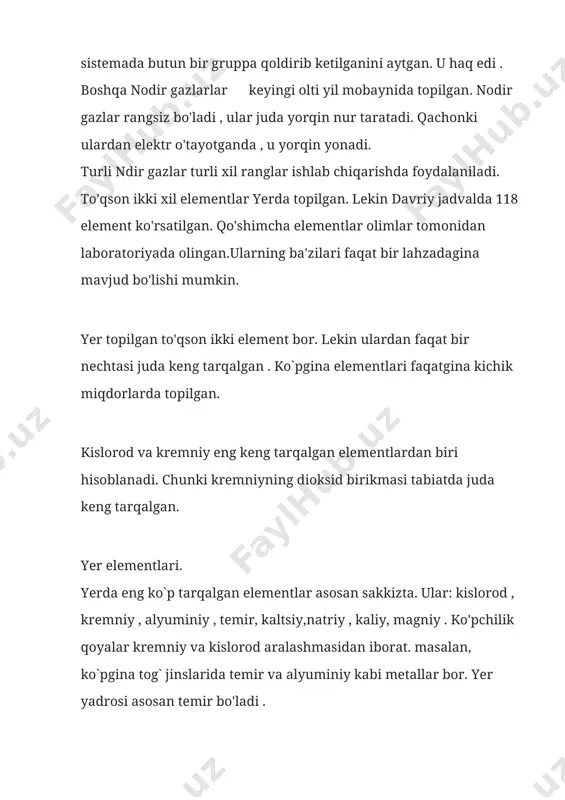ham kichik miqdorda topilgan . bular: oltingugurt , magniy , kaltsiy, kaliy va o'z ichiga oladi. yerda topilgan 92 elementlarning birlashtirishning turli yo'llari bor. misol uchun: atmosferadagi havo tashkil qilish dengizda suv, va bizning oyoqlarimiz ostidagi qoya toshlar. havo elementlari. havo qariyb 99 foizi azot va kislorodda iborat bo'ladi . yana bir 1 foiz argon bo'ladi . boshqa kichik miqdorlarda boshqa gazlar ham uchraydi . karbonatangidrid ulardan biri hisoblanadi . magniy barcha hayot uchun muhim ahamiyatga ega . qanday? hamma jonzotlar o'simliklarga bog'liq. o'simliklar quyosh nuridan oziqlanishi uchun magniy elementi kerak hisoblanadi. yashil rang beruvchi xlorofill pigmentida magniy asosiy o`rinni egallaydi. bu modda nur yutish uchun asosiy vazifani bajaradi. hayot elementlari barcha tiriklik atigi bir necha elementlardan tashkil topgan. misol: barcha tirik mavjudotlar suvdan iborat. kislorod va vodorod suvni hosil qilgan elementlar. shuning uchun ular hayot uchun muhim bo'lgan elementlardir. boshqa muhim elementlari , uglerod va azotni o'z ichiga oladi. …