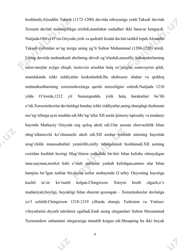 angan.ikki o’rtada elchilik munosabatlari qariyib ikki yil davom etgan.elchilar har ikki tomondan ham yaxshi kutib olingan. ularga va mamlakat hukumdorlariga qimmatbaho savdo salomlar berilgan.bu orada ikki mamlakat bir-biri haqida qimmatli ma’lumotlarni to’plashga erishgan.bu haqda xiii asr muallifi nasaviy yozib qoldirgan. xorazmshoxlar davlatidagi bunday og’ir siyosiy vaziyatdan chingizxon xabardor edi. ichki nizo boshboshdoqlik va aholining noroziligi kuchayib,mamlakat siyosiy hayoti inqirozga yuz tutgan bir paytda xorazmshoxlar davlati ko’chmanchi mo’g’ul qabilalarining bosqiniga duchor bo’ldi.mo’ng’ullarga qarshi kurash olib borgan oxirgi xorazmshoxlar vakili jaloliddin manguberdi edi.u mo’ng’ullarga qarshi 11 marta jang olib borib mag’lubiyat nimaligini bilmagan buyuk vatanparvar edi.mo’g’ul qo’shinining eng atoqli lashkarboshilari jaloliddinga qarshi tura olmaydilar.u parvona dashtidagi jangda mug’ul lashkarboshisi shiki-xutuhu no’yon boshliq 45000 qo’shinni mag’lub etadi.jaloliddin jangda yangi harbiy taktikani qo’llaydi ya’ni dushman suvoriylariga qarshi ot yonida turib piyoda jang qilish uslubini.mo’ng’ullarning bu mag’lubiyati ularni esankiratib qo’yadi.chunki ular shu vaqtgacha mag’lubiyat nimaligini bilmagan.bu mag’lubiyatdan keyin barcha harbiy harakatlarni endi chingizxon o’z qo’liga …
