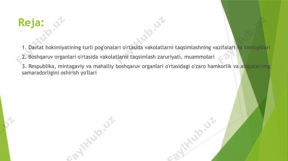 a h.k. respublika, mintaqaviy va mahalliy boshqaruv organlari o'rtasida vakolatlarni taqsimlash jarayonining hozirgi holati o'zbekistonda respublika mahalliy xo'jalik amaliyoti jahon tajribasidan kelib chigib, mahalliy hokimiyat organlari tomonidan konstitutsiyaviy vakolatlarni amalga oshirishning quyidagi samarali shakllarini go'llashni nazarda tutadi: 1) mahalliy boshqaruv organlariga mahalliy ahamiyatga molik quyidagi masalalarni mustagil hal gilishi uchun shart-sharoitlar yaratish: a) mahalliy mulkka, shu jumladan yerga egalik qilish, undan foydalanish va uni tasarruf etish; b) mahalliy budjetlarni shakllantirish, tasdiqlash va ijro etish, mahalliy soliqlar va yig imlarni belgilash; v) jamoat tartibini saglash bilan boglig chora-tadbirlar majmuini amalga oshirish; 2) fugarolarning: turar joyga ega bo'lish; sog'lig'ini saqlash; tibbiy yordam olish; bilim olish huquglarini ta'minlash uchun sharoitlar yaratish; 3) soliq va budjet islohotlari doirasida mahalliy o'zini-o'zi boshqarishning moliyaviy-igtisodiy negizini shakllantirishni nihoyasiga yetkazish, avvalambor, quyidagilar hisobiga budjet va soliqlarni tartibga solish tizimini takomillashtirish: 3. respublika, mintaqaviy va mahalliy boshqaruv organlari o'rtasidagi o'zaro hamkorlik va alogalarning samaradorligini oshirish yo'llari davlatning vakolatlarni taqsimlash …