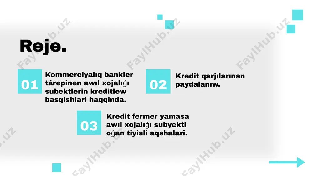 . - fermerler hám óndiriwshilerdi qollap-quwatlaw : bankler kredit ajıratıw arqalı fermerlerdiń mútajliklerin qandiradi, sonday-aq, urıwlıq, tóginler hám basqa zárúrli resurslar satıp alıwdı támiyinleydi. - sektordı diversifikatsiya qılıw : jańa tarmaqlardı rawajlandırıw, mısalı, organikalıq awıl xojalıǵı yamasa suw resurslarini tejew texnologiyaların engiziw. - turaqlı rawajlanıwdı támiyinlew: bankler tárepinen usınıs etilgen kreditler, ekologiyalıq turaqlılıqtı asırıwǵa járdem beretuǵın joybar hám baslamalardı qollap -quwatlaydı. awıl xojalıǵı subektlerin kreditlash procesi bir neshe basqıshlardan ibarat. hár bir basqıshda bankler tárepinen qatań qaǵıydalar hám talaplarǵa ámel etiledi. tómende bul processtiń tiykarǵı basqıshları kórip shıǵıladı.kommerciya bankleri, birinshi náwbette, awıl xojalıǵı subektlerin kreditlash boyınsha óz siyasatın islep shıǵıwları zárúr. bul siyasat finanslıq risklardı basqarıw, awıl xojalıǵı subektleriniń mútajliklerin qandırıw hám olardıń múmkinshiliklerin tolıq esapqa alıwǵa qaratılǵan bolıwı kerek. bankler óz siyasatında kreditler túrin, procent stavkaların, múddetlerin hám basqa shártlerin belgileydiler. bunnan tısqarı, kreditlash procesiniń baslanıwı, ádetde, banklerdiń awıl xojalıǵı subektleriniń finanslıq jaǵdayın bahalawdı óz ishine aladı. photo by …